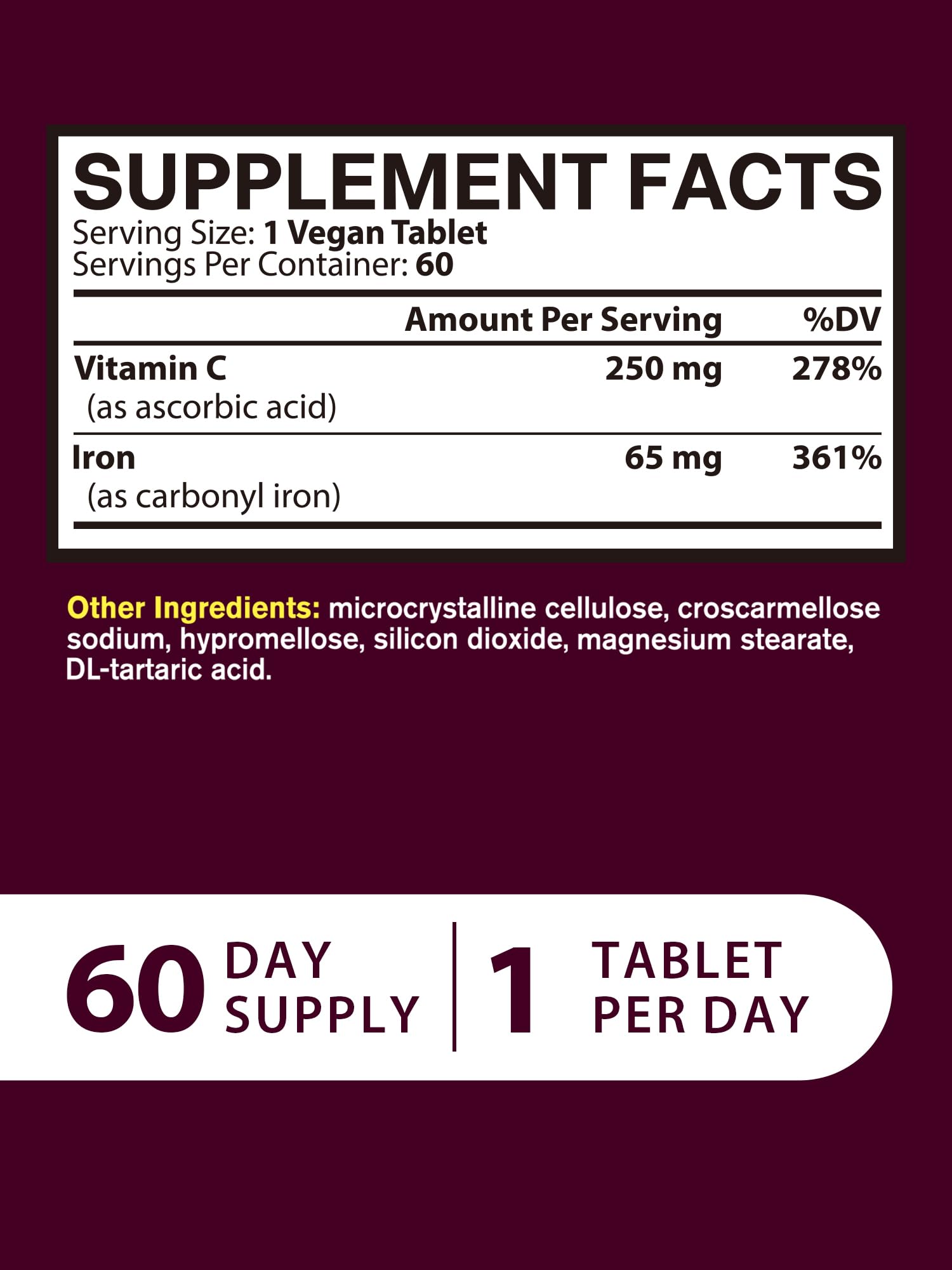 Vitacook Iron Supplement for Women Men, High Potency Iron 65mg with Vitamin C 250mg, Slow Release Stomach Friendly Iron Pills for Red Blood Cell & Immune Support, Non-GMO, Gluten Free, 60 Vegan Tabs