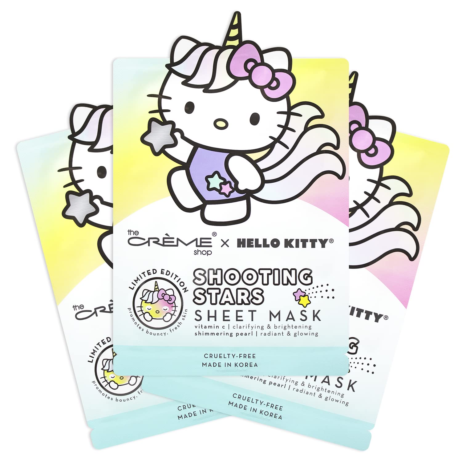 The Crème Shop Hello Kitty Shooting Stars Vitamin C + Shimmering Pearl Essence Sheet Mask, Paraben-Free, Sulfate-Free & Cruelty-Free Korean Face Mask - 3 Pack