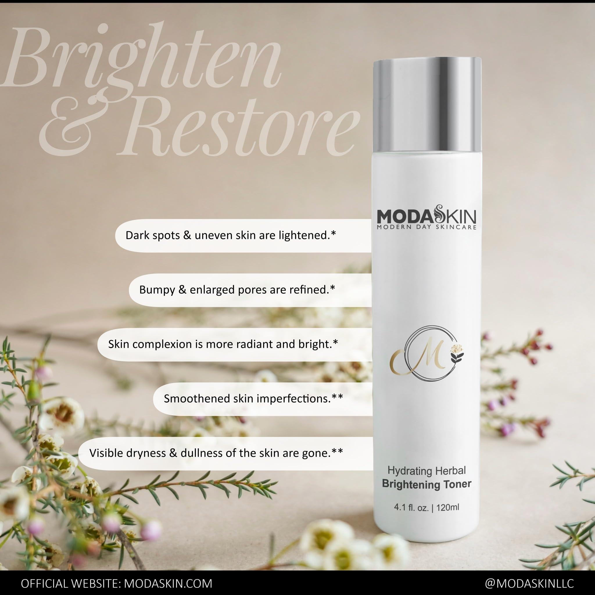 MODASKIN Hydrating Herbal Brightening Toner, Herbal Extract & Antioxidant, Witch Hazel to Brighten & Restore Your Skin's Natural Glow, 4.1 Oz