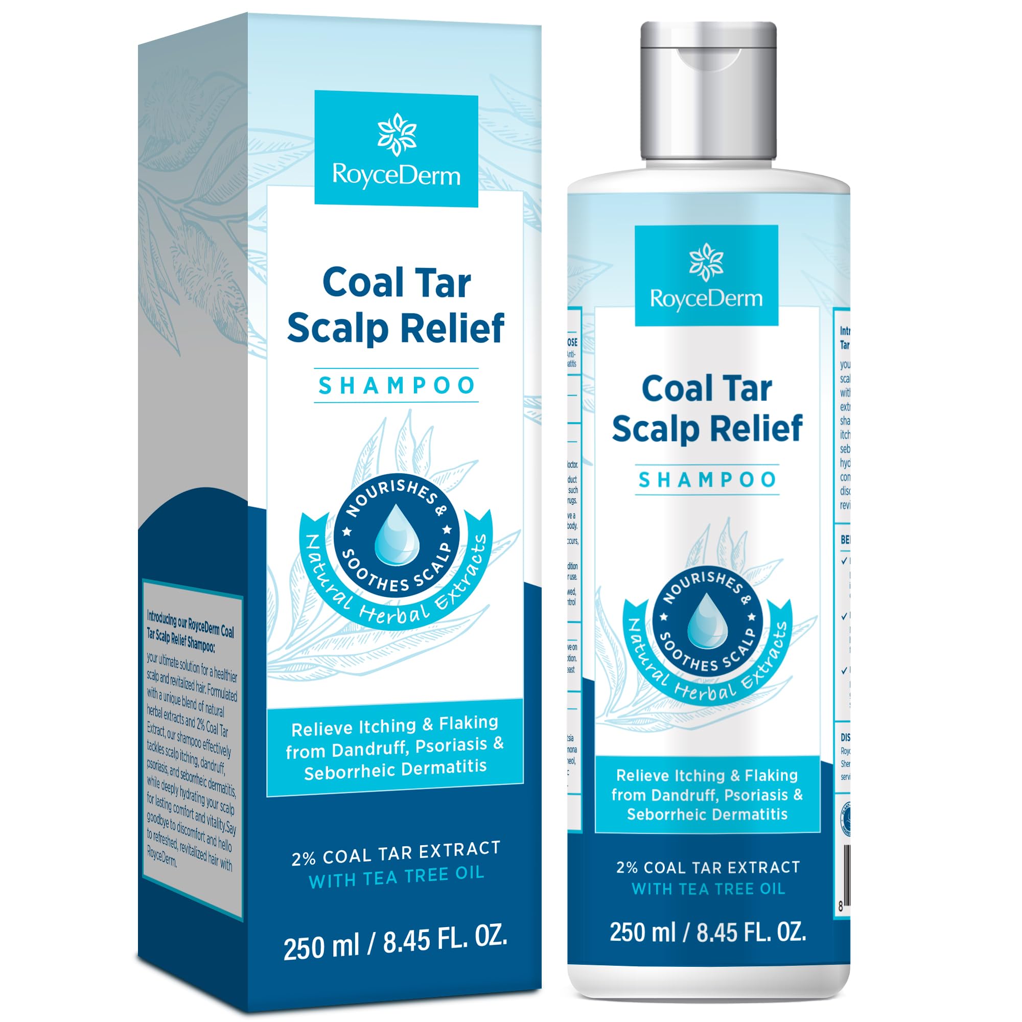 RoyceDerm Coal Tar Dandruff Shampoo: Extra Strength 2% Coal Tar Extract Medicated Gel for Rapid Scalp Hair Relief targets dandruff, psoriasis, and seborrheic dermatitis - Hydrating & Natural Fragrance