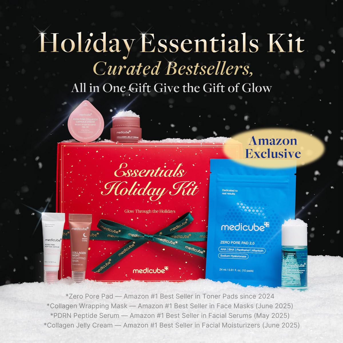 medicube Essentials Holiday Kit | 6-in-1 Mini Skincare Gift Set | Amazon Exclusive Trial Sizes for Radiant Skin | Travel Kit & Stocking Stuffers with Cleansing Oil, Toner Pads, Serum, Cream & Mask
