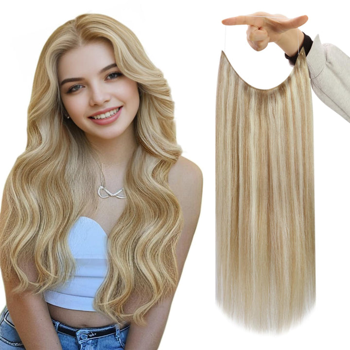 Fshine Hidden Hair Extensions Crown Human Hair Honey Blonde Highlight Bleach Blonde 16 Inch Removable Hair Extensions Secret Crown Invisible Extensions Human Hair for Thin Hair 80Gram One Piece