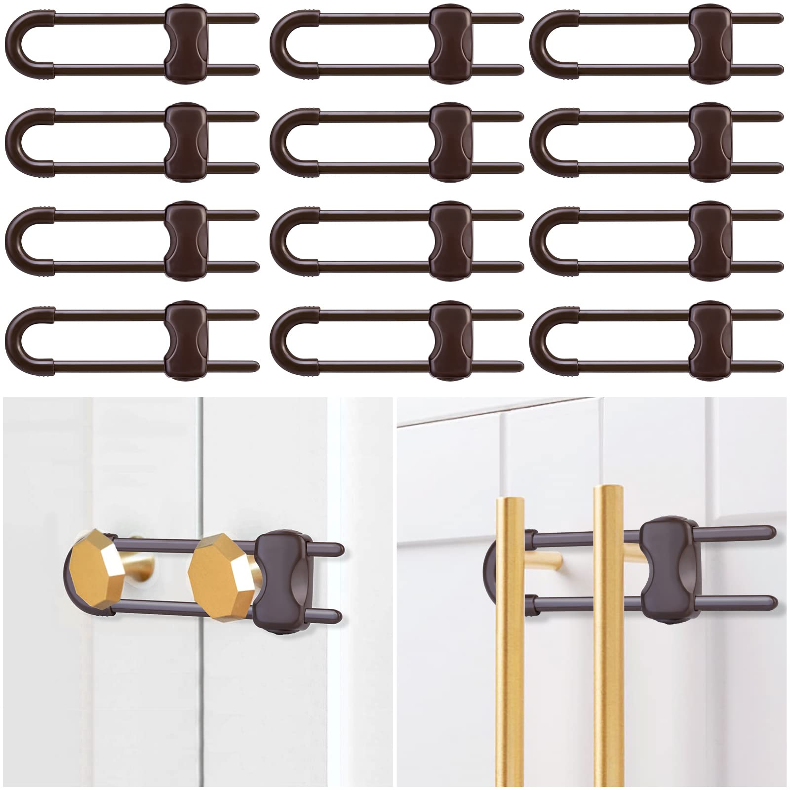 12 Packs Baby Proofing Sliding Cabinet Locks modacraft U-Shaped Child Safety Latches Adjustable White Locks for Handles Knobs Drawers Closet Cupboard - Brown