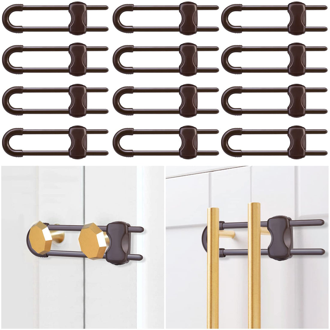 12 Packs Baby Proofing Sliding Cabinet Locks modacraft U-Shaped Child Safety Latches Adjustable White Locks for Handles Knobs Drawers Closet Cupboard - Brown
