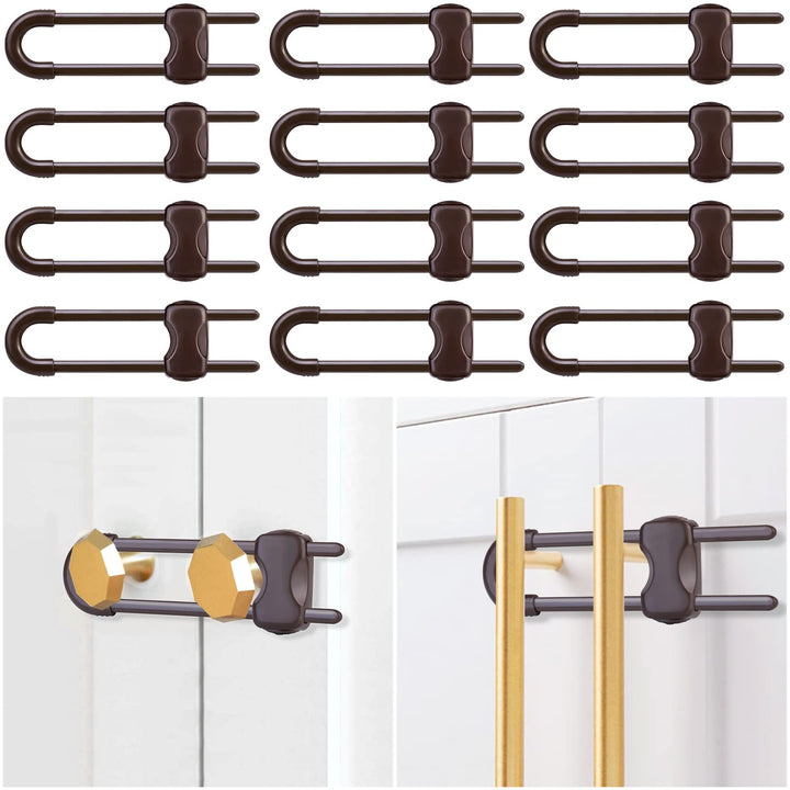 12 Packs Baby Proofing Sliding Cabinet Locks modacraft U-Shaped Child Safety Latches Adjustable White Locks for Handles Knobs Drawers Closet Cupboard - Brown