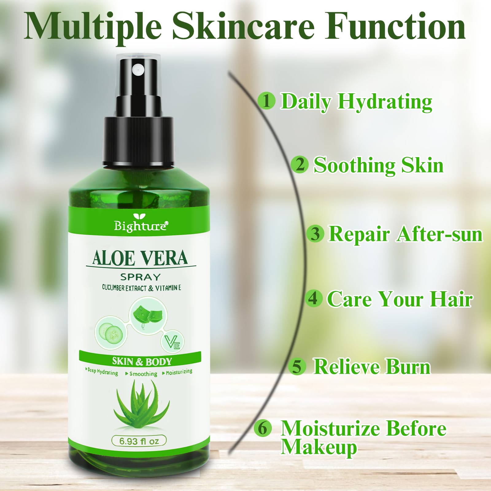 BIGHTURE Aloe Vera Spray from Freshly Cut Pure Aloe, Aloe Vera Spray for Skin& Hair, Aloe Vera Spray for Sunburn Relief, 6.93oz, Absorbs Rapidly, Infused wirh Cucumber Essence