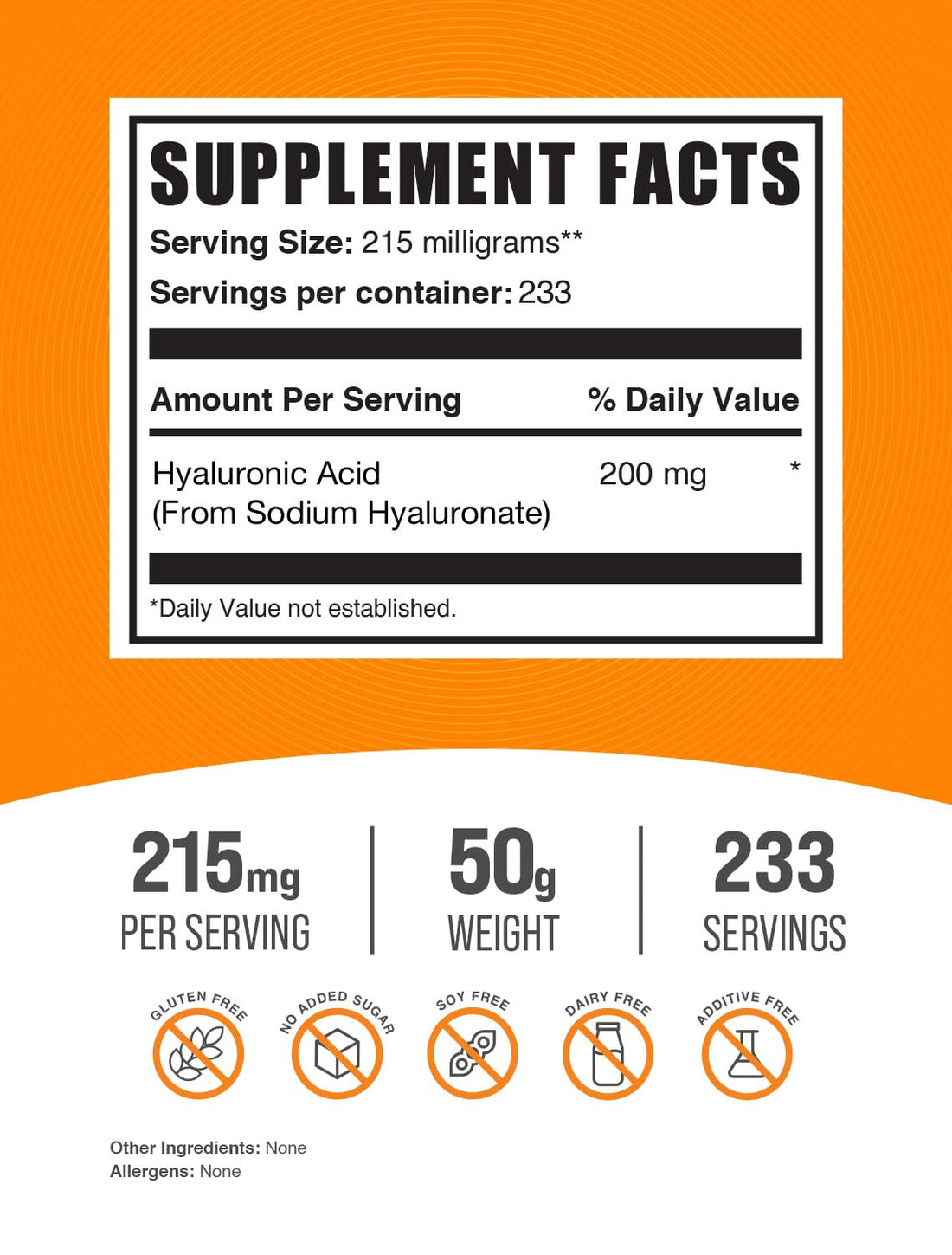 BulkSupplements.com Hyaluronic Acid Powder - Hyaluronic Acid Supplements, Hyaluronic Acid 215mg - Hyaluronic Acid Food Grade, Gluten Free - 215mg per Serving, 50g (1.8 oz) (Pack of 1)