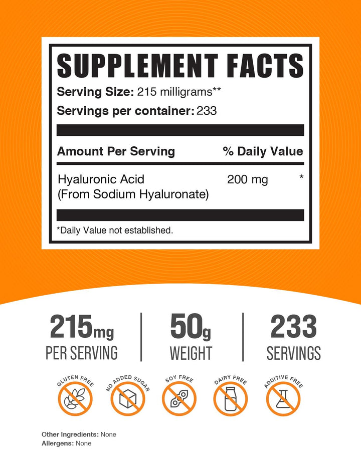 BulkSupplements.com Hyaluronic Acid Powder - Hyaluronic Acid Supplements, Hyaluronic Acid 215mg - Hyaluronic Acid Food Grade, Gluten Free - 215mg per Serving, 50g (1.8 oz) (Pack of 1)
