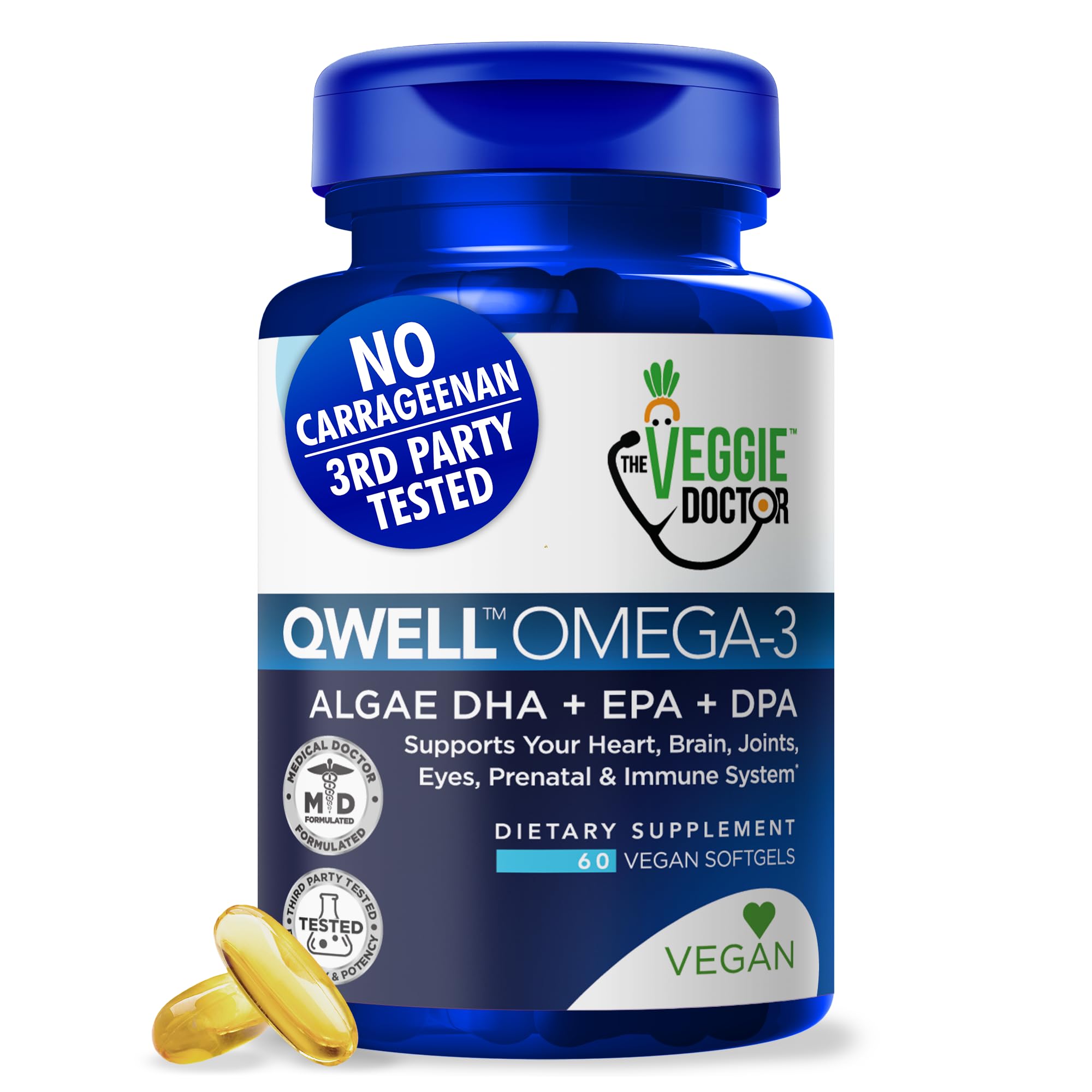 Vegan Omega 3 Supplement - Omega 3 Fish Oil Alternative - No Carrageenan – Plant Based Algae Omega 3 Fatty Acid Supplements - DHA, EPA, DPA - Heart, Brain, Joint, Eye, Immune Support