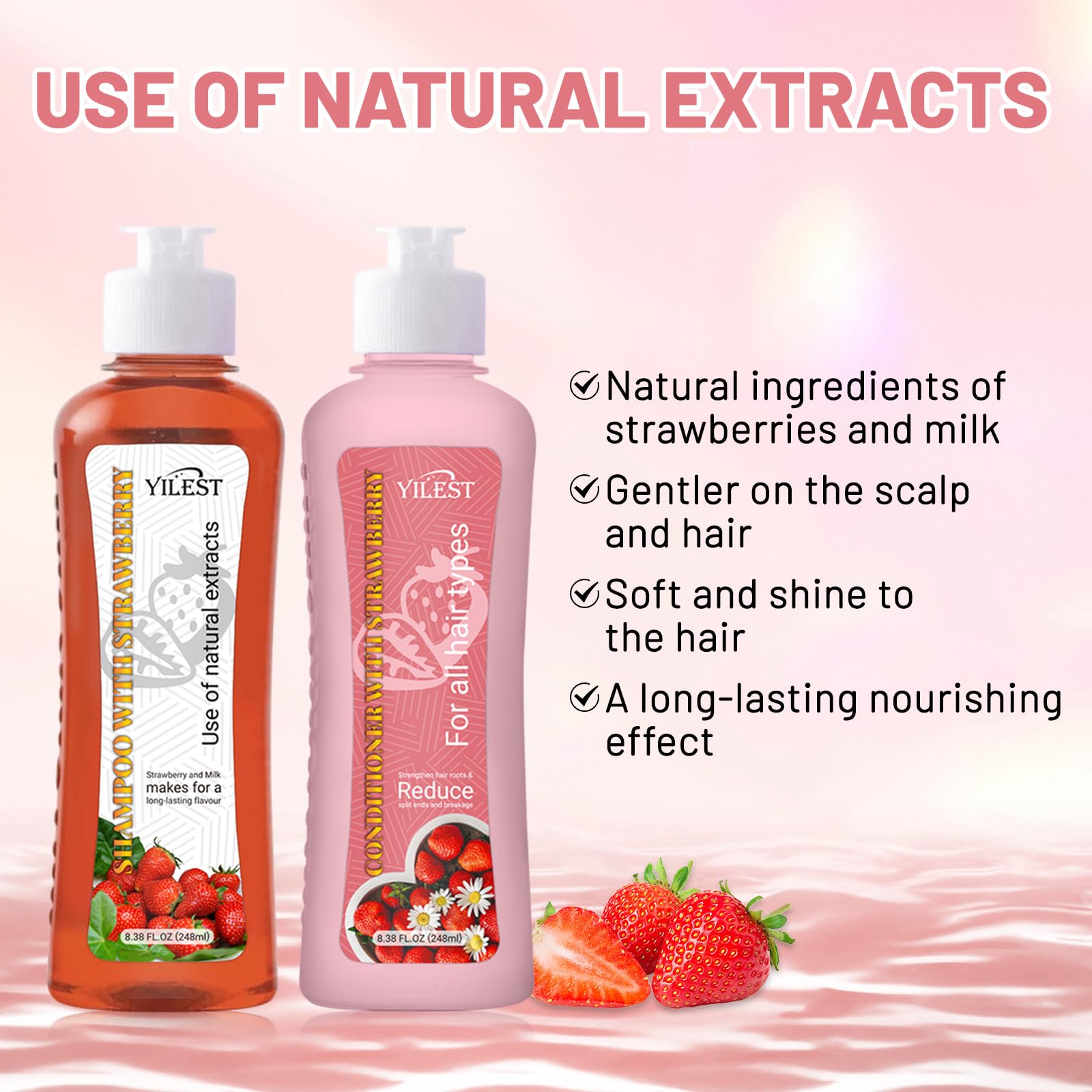 Strawberry & Milk Shampoo & Conditioner Set - Natural Extracts for All Hair Types - Strengthen Hair Roots, Reduce Split Ends & Breakage - 8.38 Fl Oz (248ml) Each - Long-Lasting Fragrance