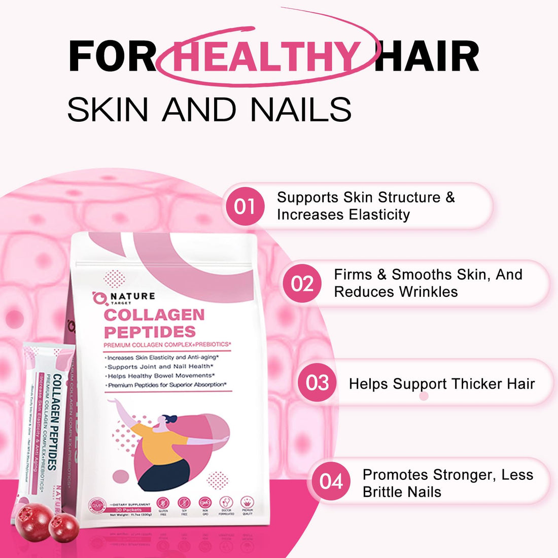 NATURE TARGET Multi Collagen Peptides Powder - Type I, II, III, V, X - Enhanced Absorption, Hydrolyzed Collagen Peptides with Prebiotics, Sugar-Free, Support Skin Hair Nail & Joint, Non-GMO