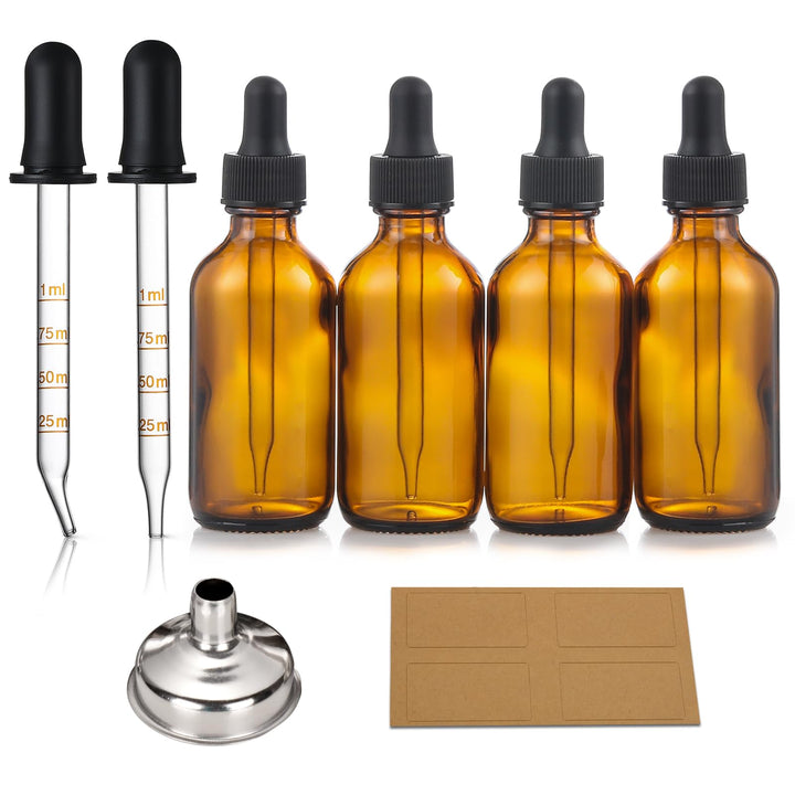 4 Pack, 2 oz Dropper Bottles with 2pcs Glass Pipettes(1ml) - Essential Oils Bottles for Health, Personal Care & Beauty - 60ml Thick Dark Amber Glass Tincture Bottle with Eye Droppers, Leakproof