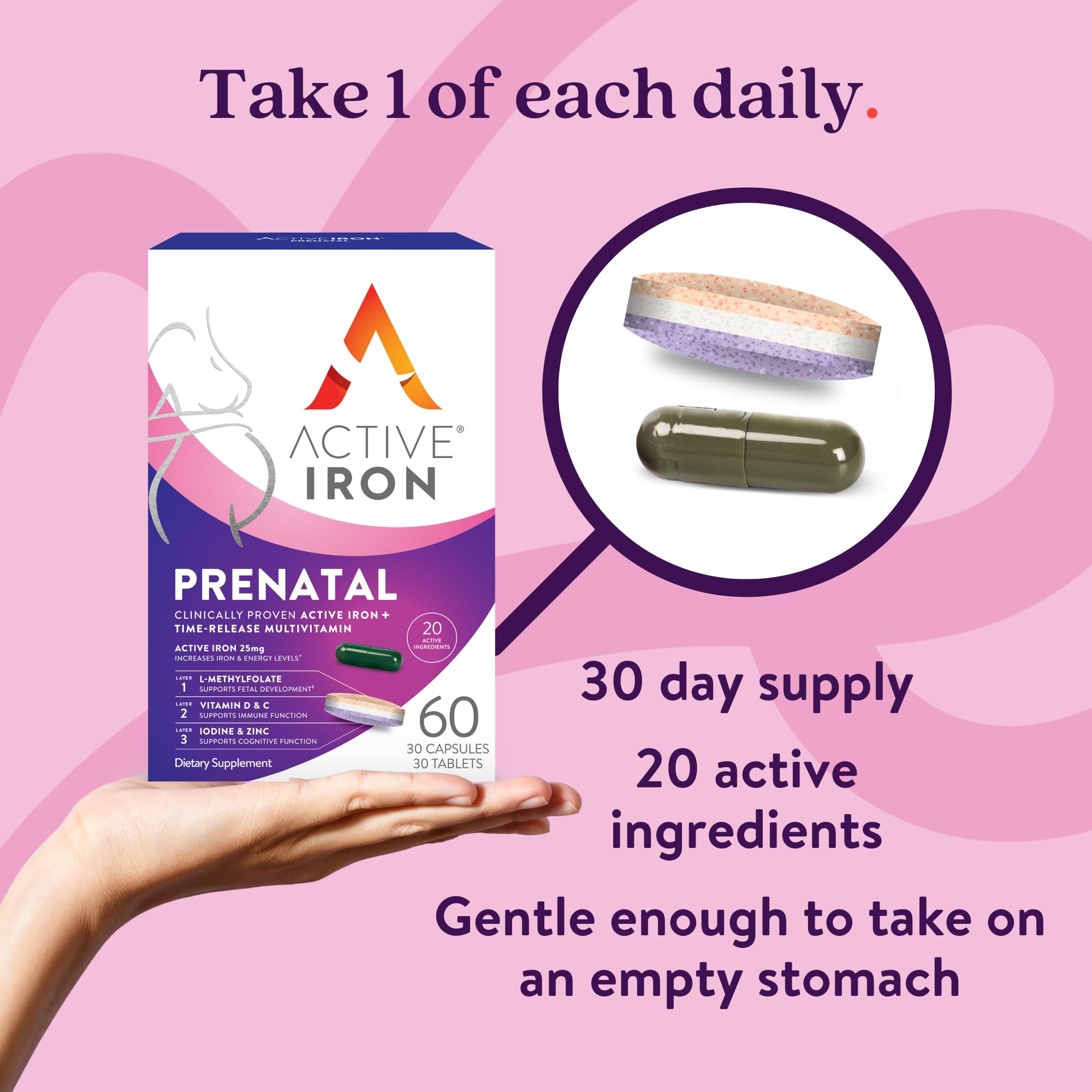 Active Iron Prenatal, Iron Supplement + Prenatal Vitamins for Women, 30 Non-Constipating Active Iron Capsules + 30 Time-Release Multivitamins, Pregnancy, Breastfeeding & Postpartum Essentials
