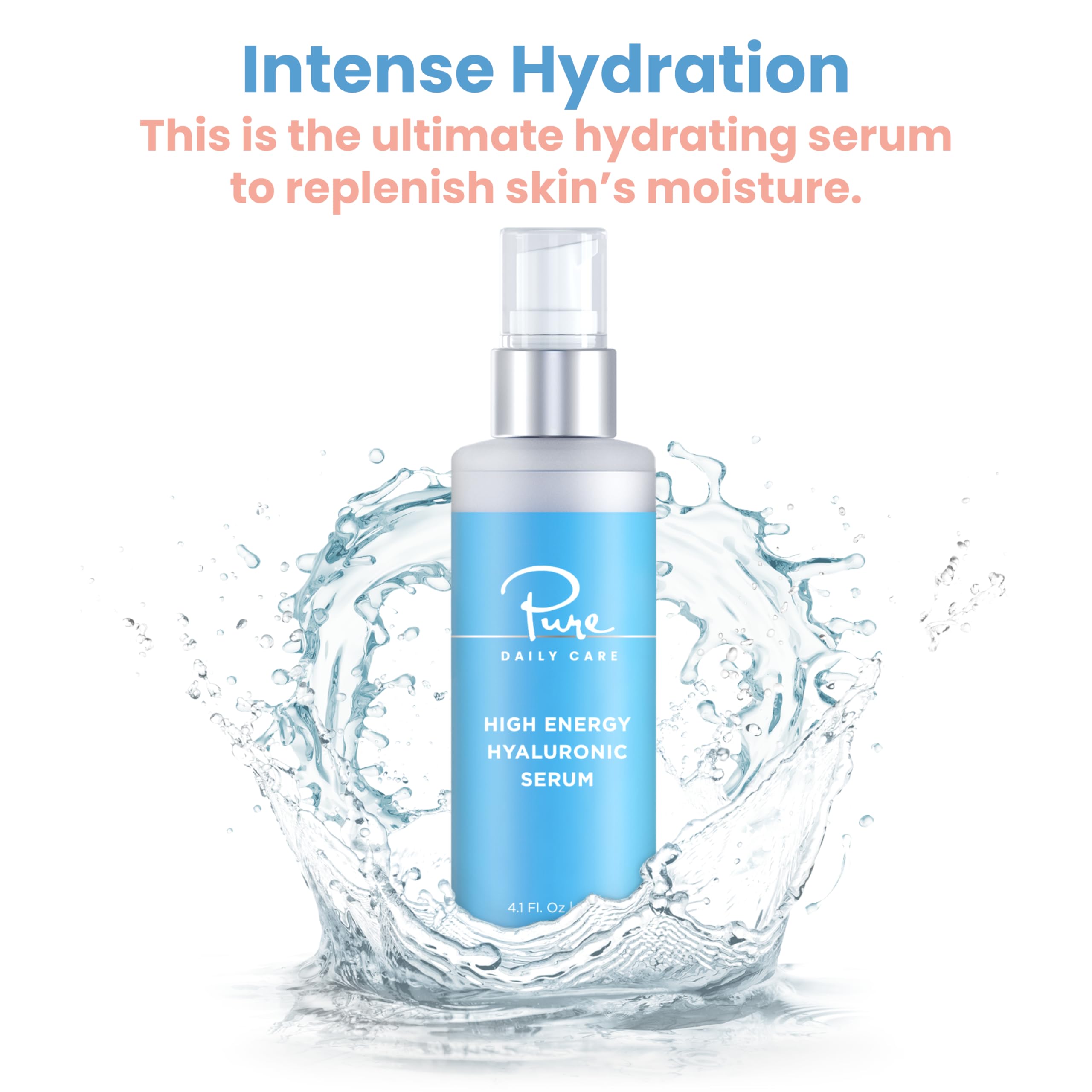 Pure Daily Care High Energy Hyaluronic Serum (4 Fl. Oz) - Hydrating Clinical Grade Hyaluronic Acid.