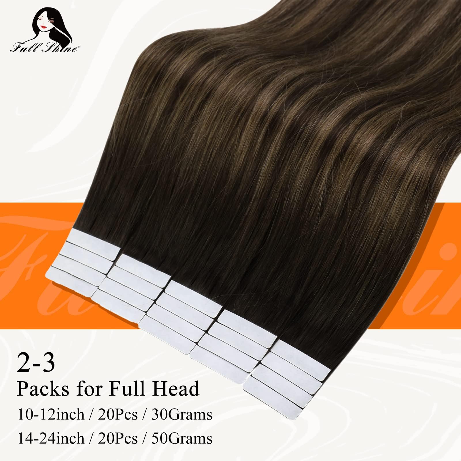 Fshine Tape In Human Hair 16 Inch Glue On Hair Extensions 50 Gram PU Tape In Hair Extensions Straight Silky Hair Color 2 Fading to 8 Highlight 2 Darkest Brown Double Sided Tape In Hair Extensions