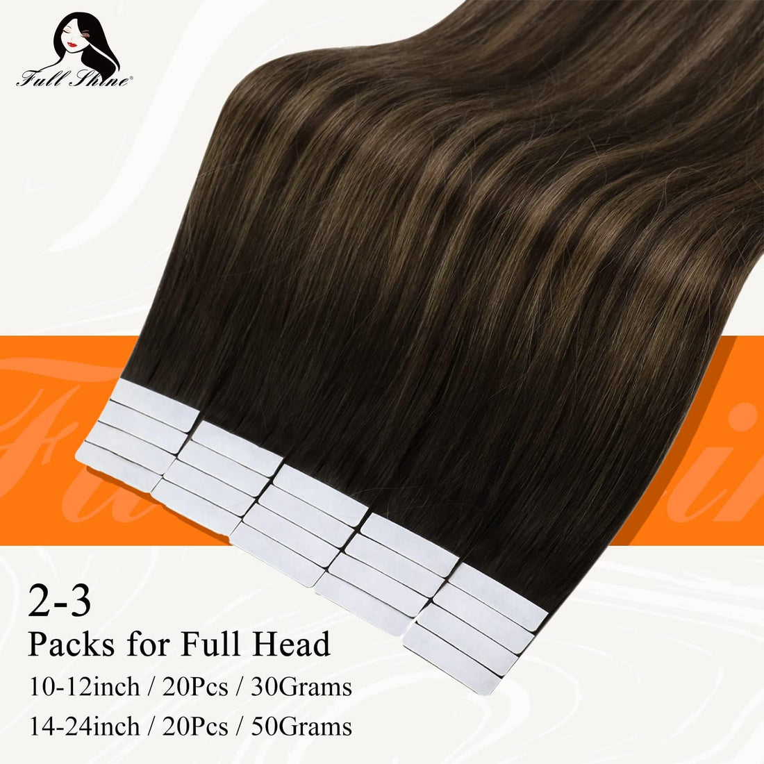 Fshine Tape In Human Hair 16 Inch Glue On Hair Extensions 50 Gram PU Tape In Hair Extensions Straight Silky Hair Color 2 Fading to 8 Highlight 2 Darkest Brown Double Sided Tape In Hair Extensions