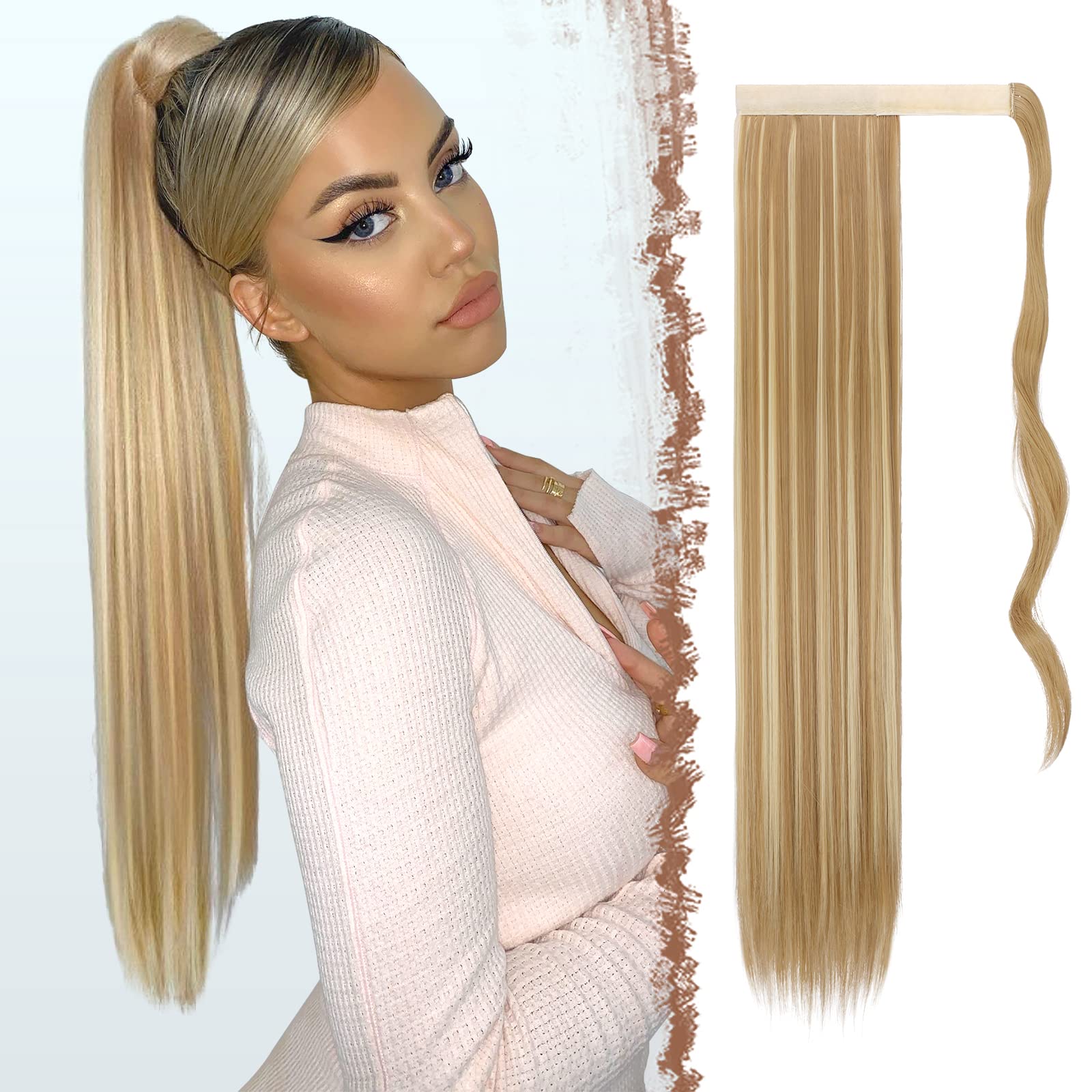 FESHFEN Straight Ponytail Extensions 28 Inch Long Wrap Around Synthetic Hair Piece Clip in Ponytail Hair Extensions Hairpiece for Women Girls 150g