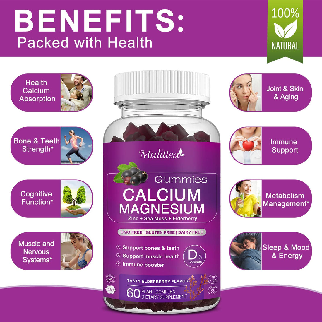 Calcium Magnesium Zinc Gummies with High Absorption Magnesium Glycinate 200mg, Potassium -Plant Calcium Supplement w/ D3 & Sea Moss for Bone, Muscles, Calm Mood & Sleep Support- Kids & adults (2 Pack)