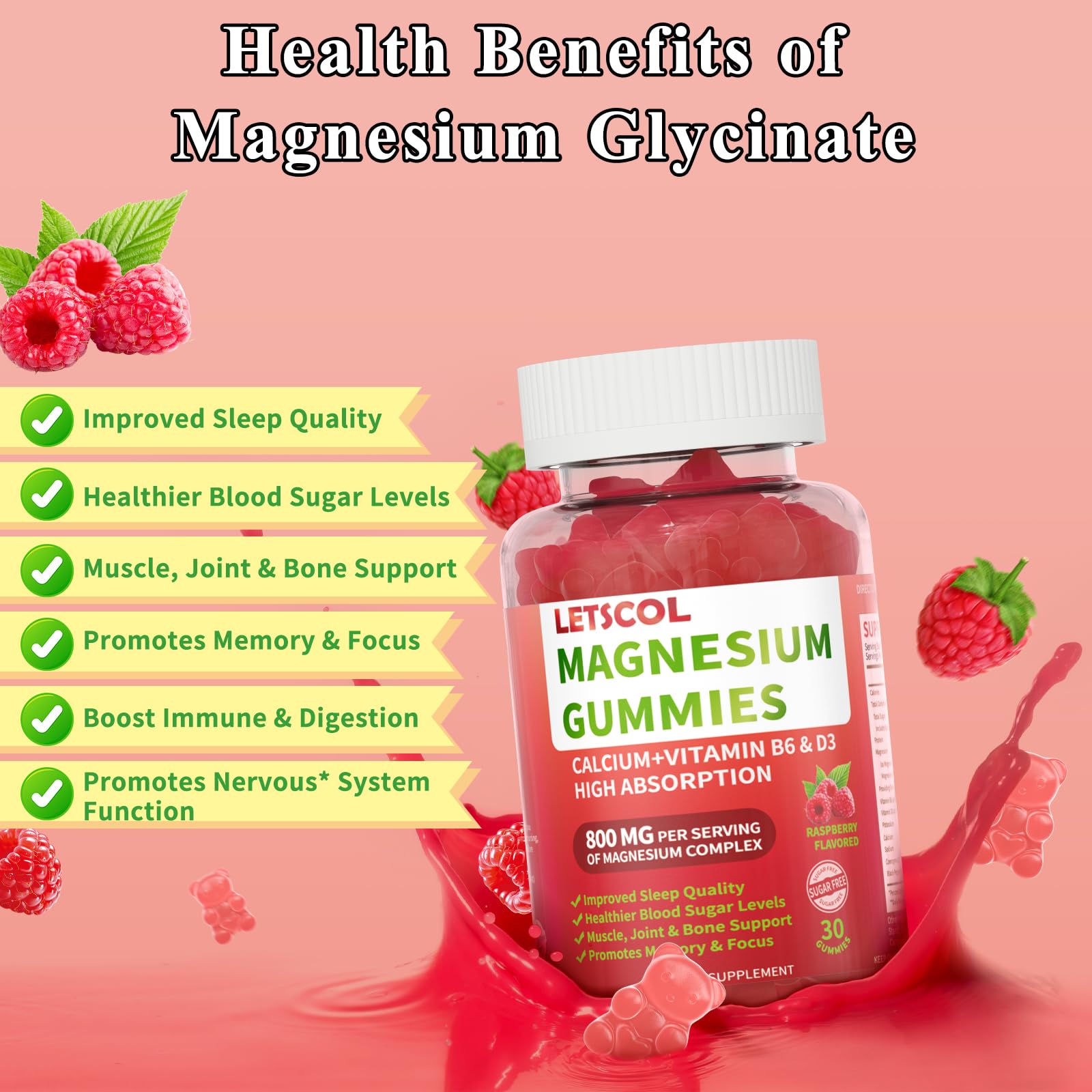 LETSCOL Magnesium Glycinate Gummies 800mg Per Serving, Sugar Free Magnesium Supplement with Magnesium Malate, Calcium, Vitamin D3, B6, CoQ10 for Calm Support & Sleep for Adults Kids