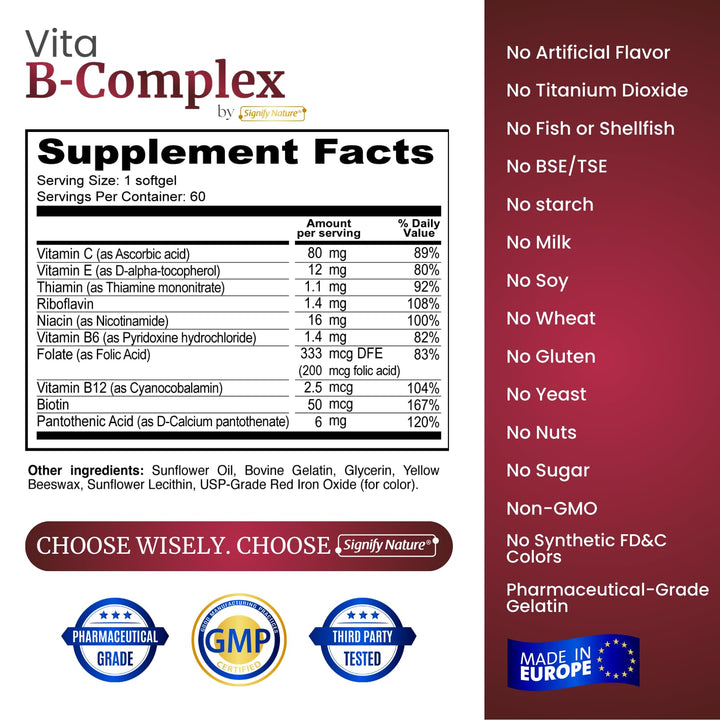 SIGNIFY NATURE VitaBComplex with Vitamin C and E, B Complex Vitamins for Women & Men, BComplex Supplements, VIT B1, B2, B3, B5, B6, B8, B9, B12, Super B Softgels - 60 CT