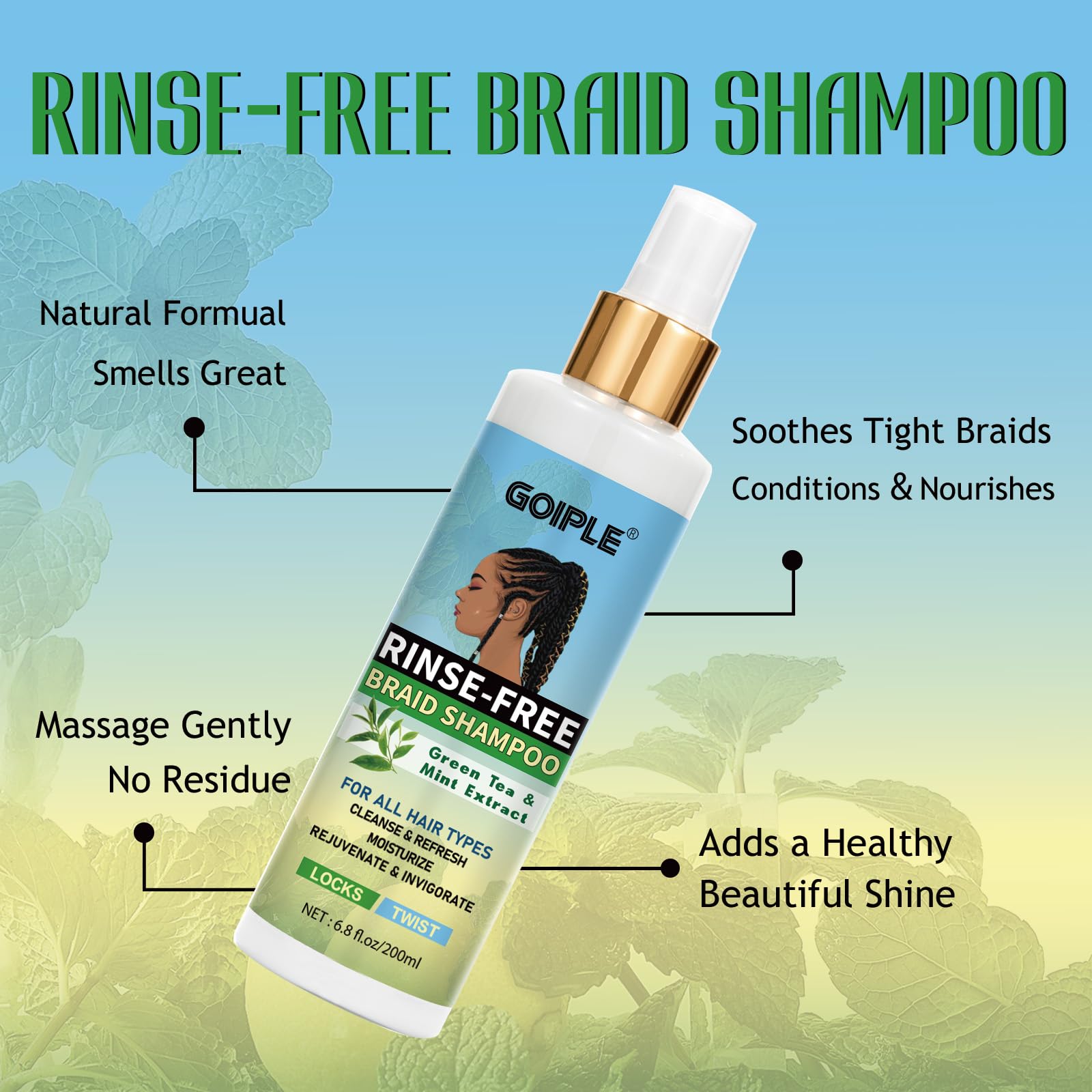 Braid Rinse-Free No Water Shampoo for Locs, Twists, Weaves - Dreadlock Shampoo to Remove BuildUp, Odor, Itch & Flakes, No Residue, Chemical-Free