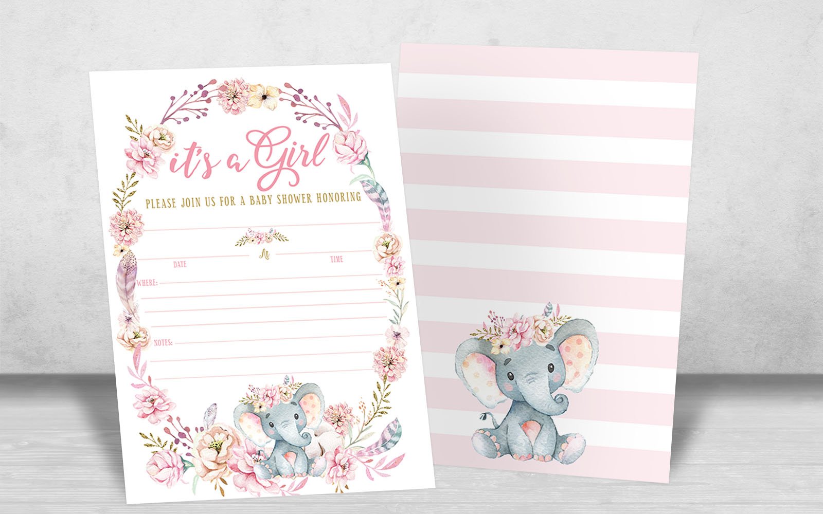 Elephant Baby Shower Invitation, Girl Pink Elephant Baby Shower, Jungle Baby Girl Shower Invite, It's a Girl, Baby Sprinkle Invite, 20 Fill in Invitations and Envelopes