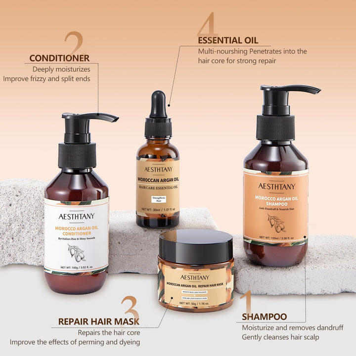 AESTHTANY Morocco Argan Oil Hair Care Travel Kit Rich Moisture Shampoo & Conditioner + Repair Hair Mask + Hair Care Essential Oil(4 Piece Set)