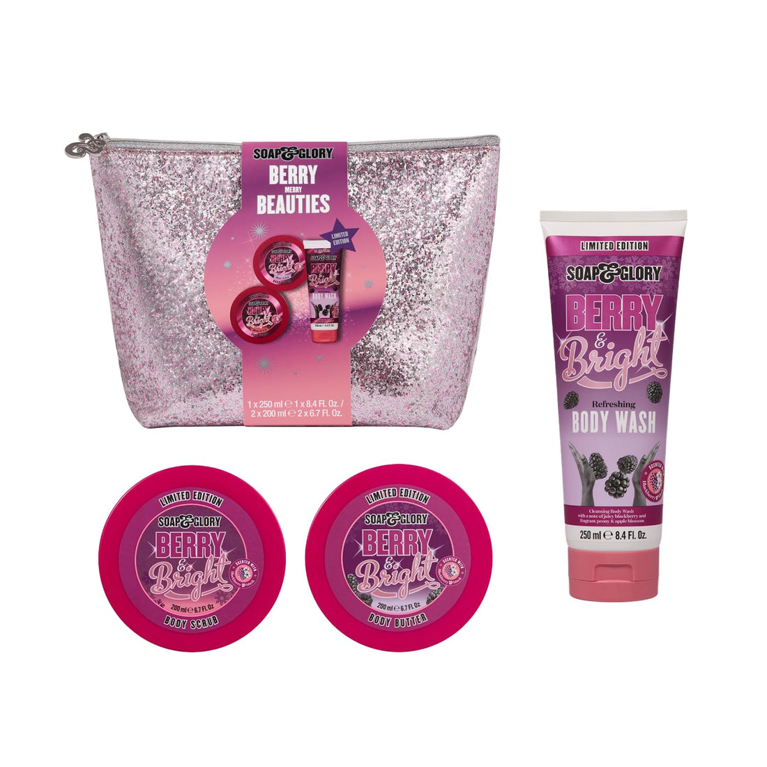 Soap & Glory Berry Merry Gift Set - Limited Edition Body Wash, Exfoliating Scrub and Body Butter - Enriched with Notes of Blackberry, Peony & Apple Blossom (3 Count)