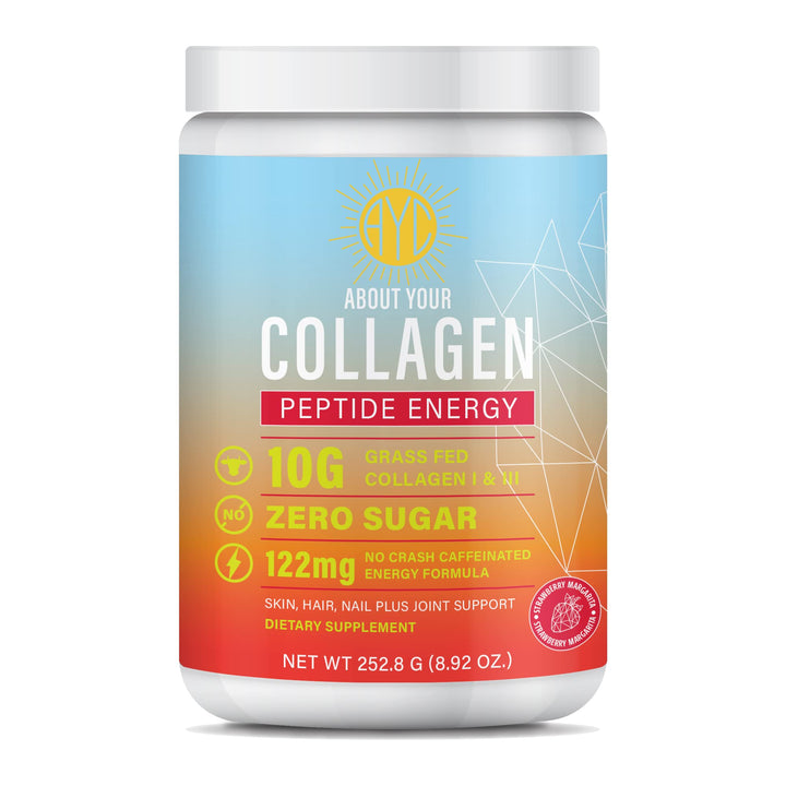 ABOUT YOUR COLLAGEN Peptide Energy Collagen Powder Hair, Nail, Skin, Type I & III,Caffeine for Energy, Vitamin C, Biotin, Hyaluronic Acid, Zero Sugar – 8.92 oz (Strawberry Margarita)