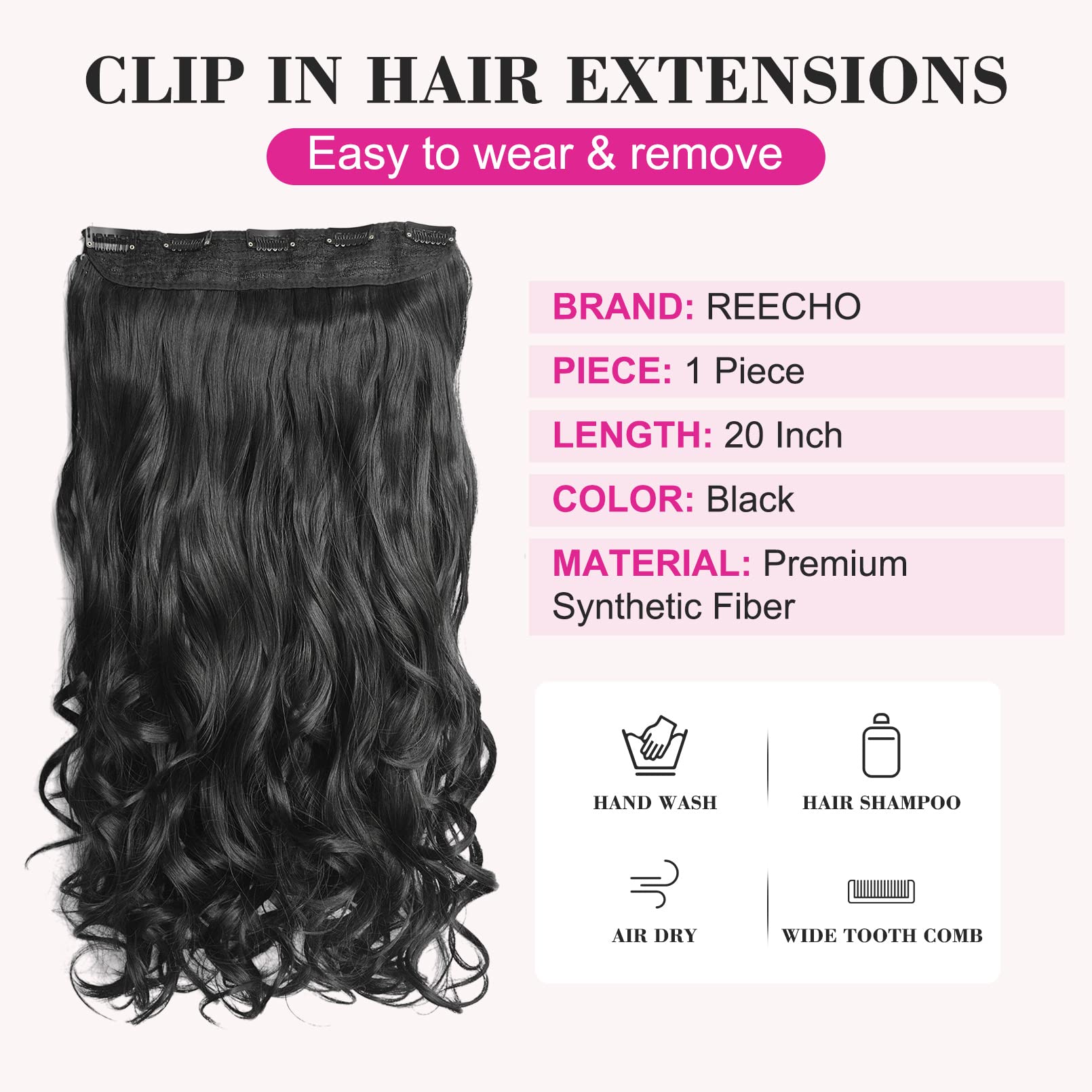 REECHO 20 1-Pack 3/4 Full Head Curly Wave Clips in on Synthetic Hair Extensions Hairpieces for Women 5 Clips 4.6 Oz per Piece - Natural Black
