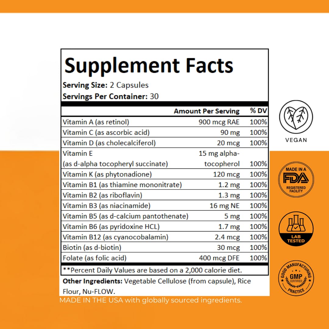 PurePath Non-Toxic Adult Multivitamin - 13 Vitamins - 100% RDA - No Harmful Megadoses - with B6 & B12 - Supplement for Optimal Energy, Focus, and Longevity - 60 Capsules - 30 Day Supply