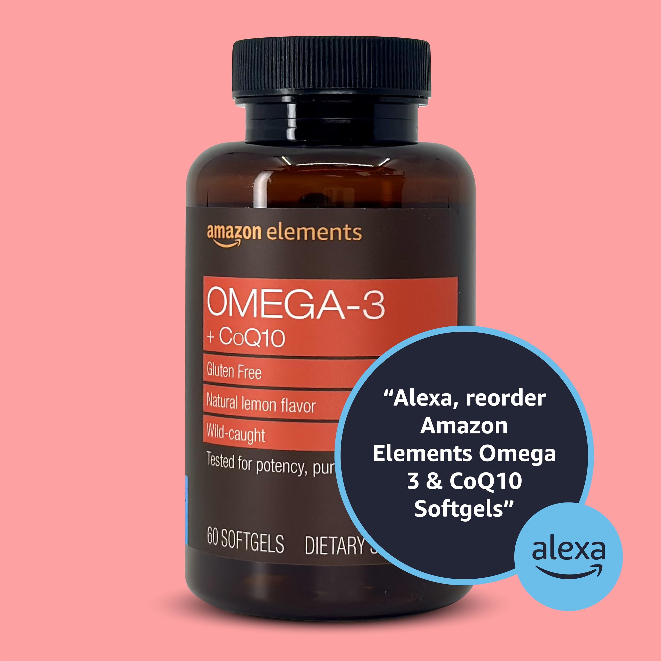 Amazon Elements Omega 3 Wild-caught Fish Oil + CoQ10 with Natural Lemon Flavor, EPA & DHA Omega-3 fatty acids, 60 Softgels (1250 mg Omega 3s and 100 mg CoQ10 per serving)