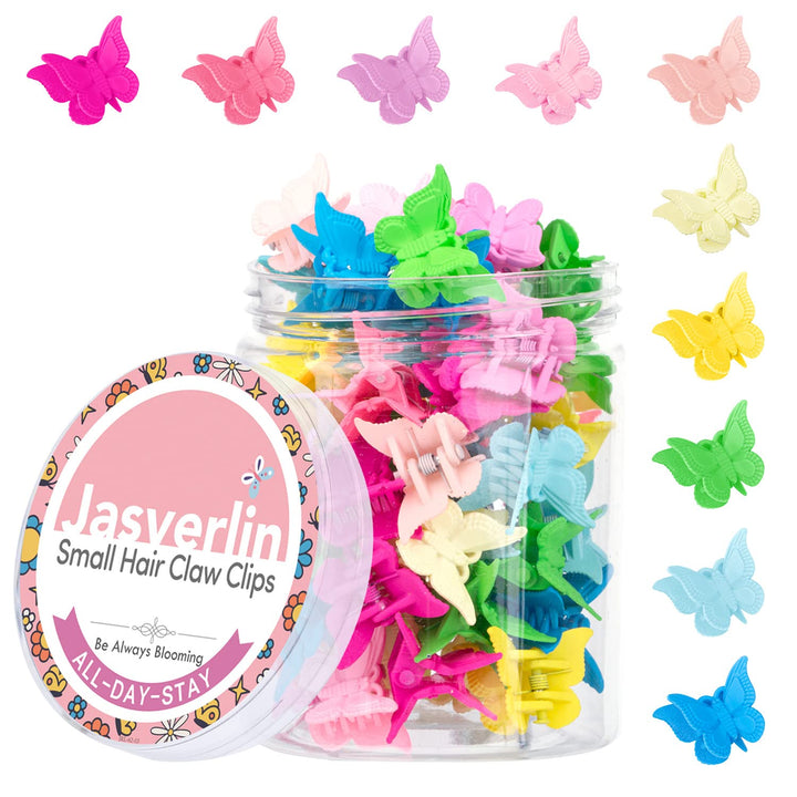 JASVERLIN Butterfly Hair Clips, Assorted Color Plastic Mini Cute Hair Clip for 90s Girls Women Kids Butterflies Y2K Festival Accessories 50pcs 10 Colors with Organizer (Solid)