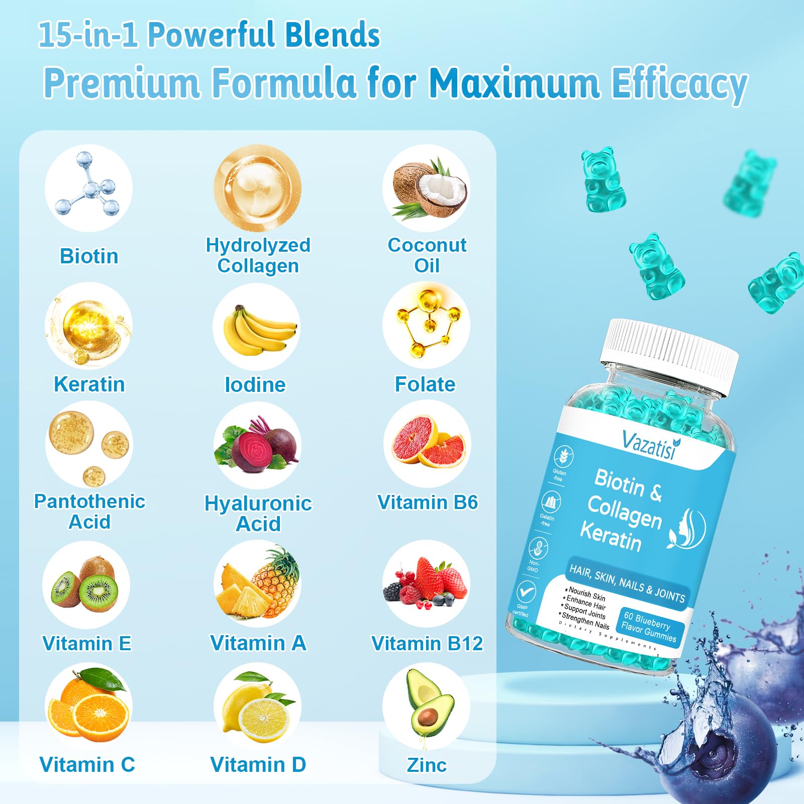 2 Pack Biotin Gummies with Collagen & Keratin for Hair Skin Nails- Women Men, Kids - 120 Blueberry Flavored Gummies