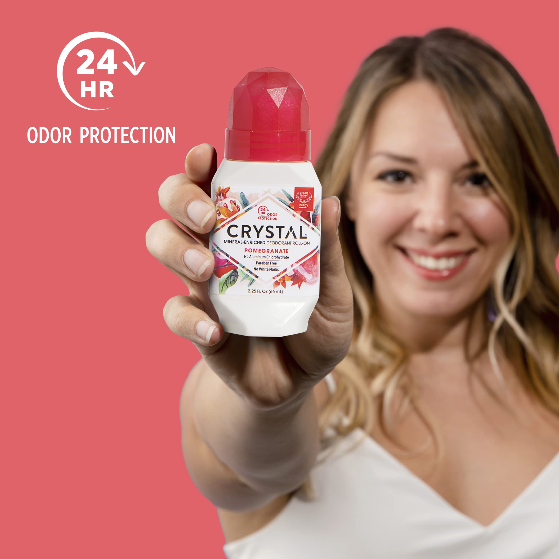 Crystal Mineral Deodorant Roll-On Body Deodorant With 24-Hour Odor Protection, Pomegranate, Non-Sticky Roll-On, Aluminium Chloride, 2.25 FL OZ - 3 pack