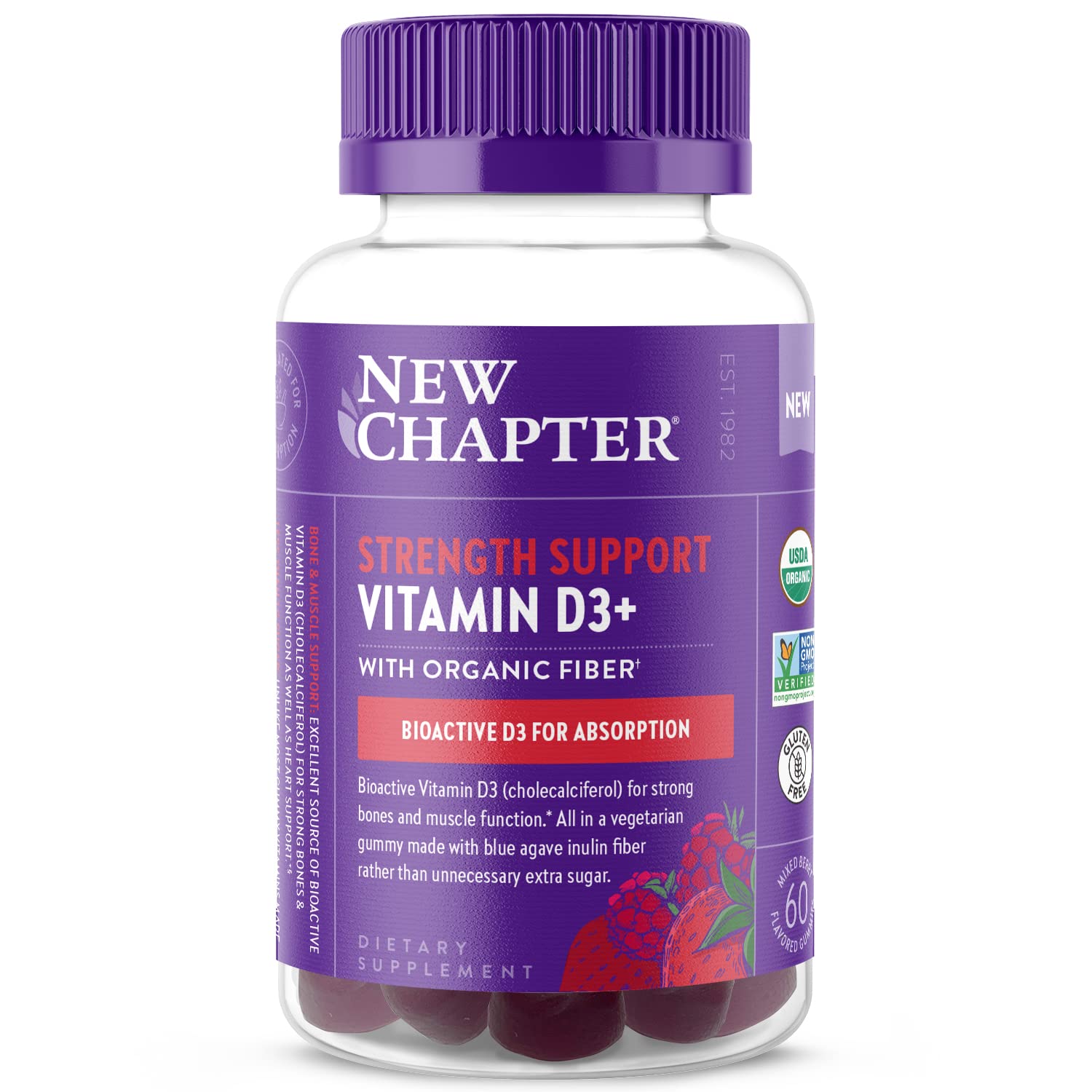 New Chapter Organic Vitamin D3+ Gummies – 72% Less Sugar§, 1,000 IU USDA Organic Vitamin D, ONE Daily Gummy for Strong Bones & Muscle Function, Non-GMO, Gluten Free, Mixed Berry Flavored, 60ct