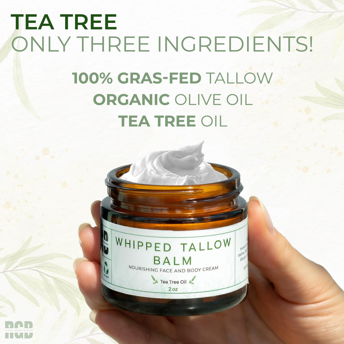 Really Good Blends Whipped Tallow Balm (Tea Tree), Organic Body Butter Cream, Grass Fed Beef Tallow for Skin Moisturizer, All Natural Lotion, 2 oz