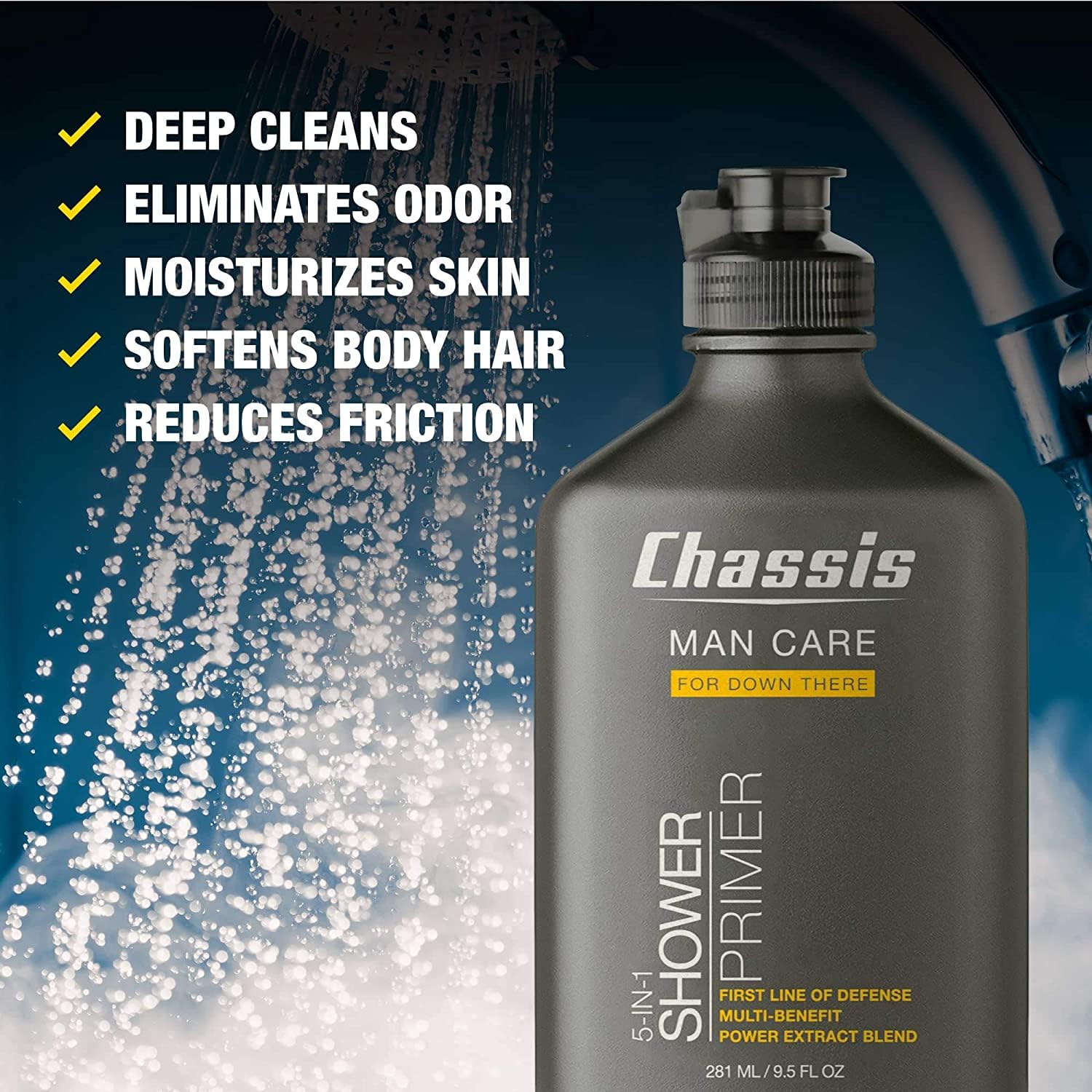Chassis 5-in-1 Shower Primer Body Wash for Men, Anti-Chafing Shower Gel, Deep-Cleansing, Eliminates Odor, Moisturizes Skin, Softens Body Hair