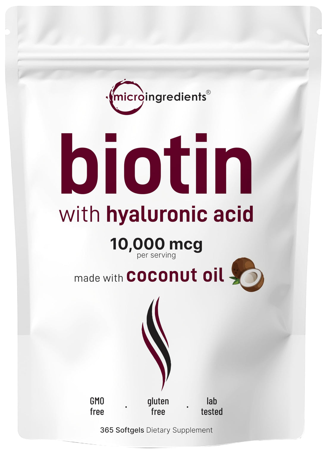 Micro Ingredients Biotin 10,000mcg w/Hyaluronic Acid 25mg | 365 Virgin Coconut Oil Softgels, Fast Release, One Year Supply, Supports Healthy Hair, Skin & Nails, Non-GMO & No Gluten