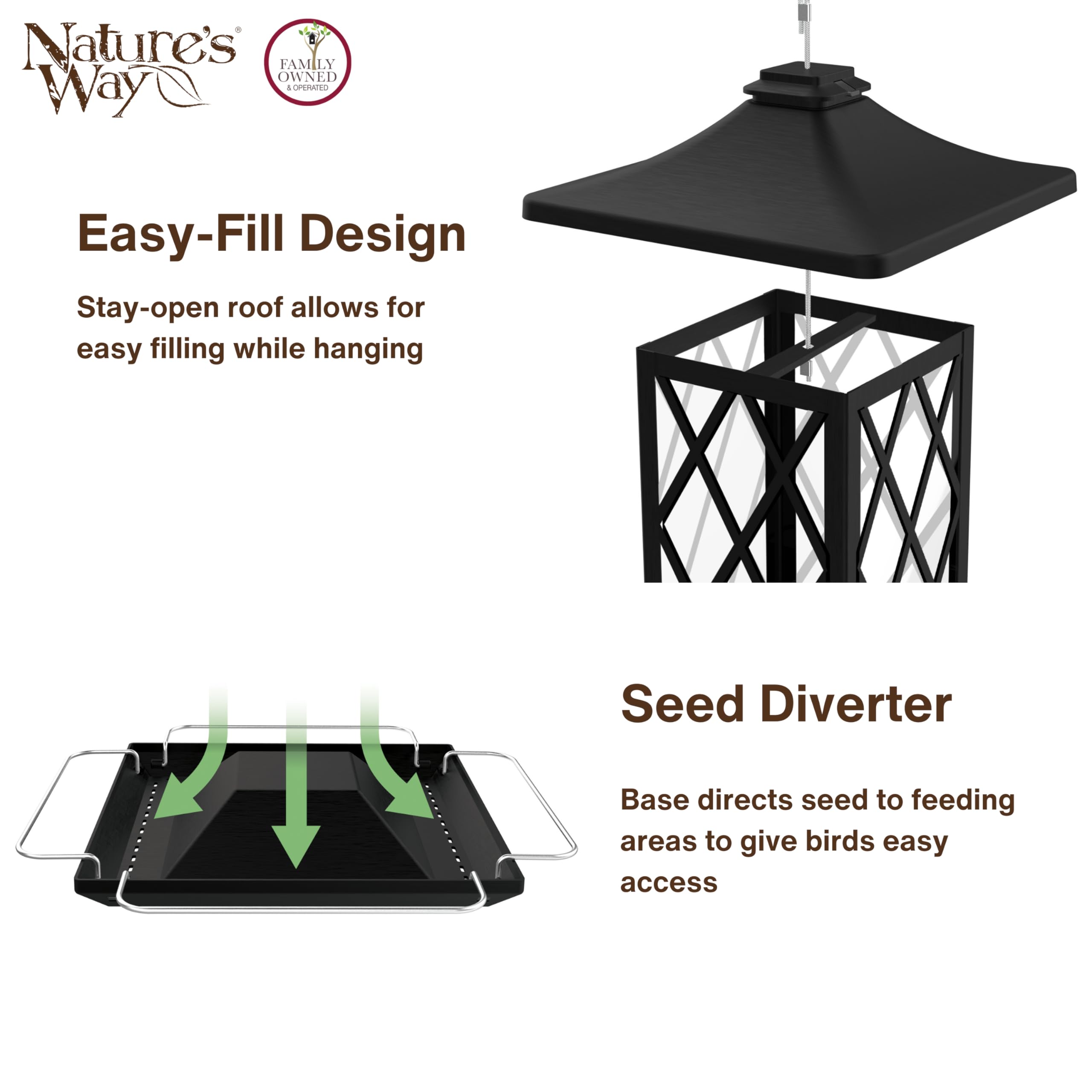 Nature's Way Outdoor Garden Décor Hanging Wild Bird Seed Feeder, Metal Lantern Gazebo Feeder, Easy Fill, Rain Drainage, Black