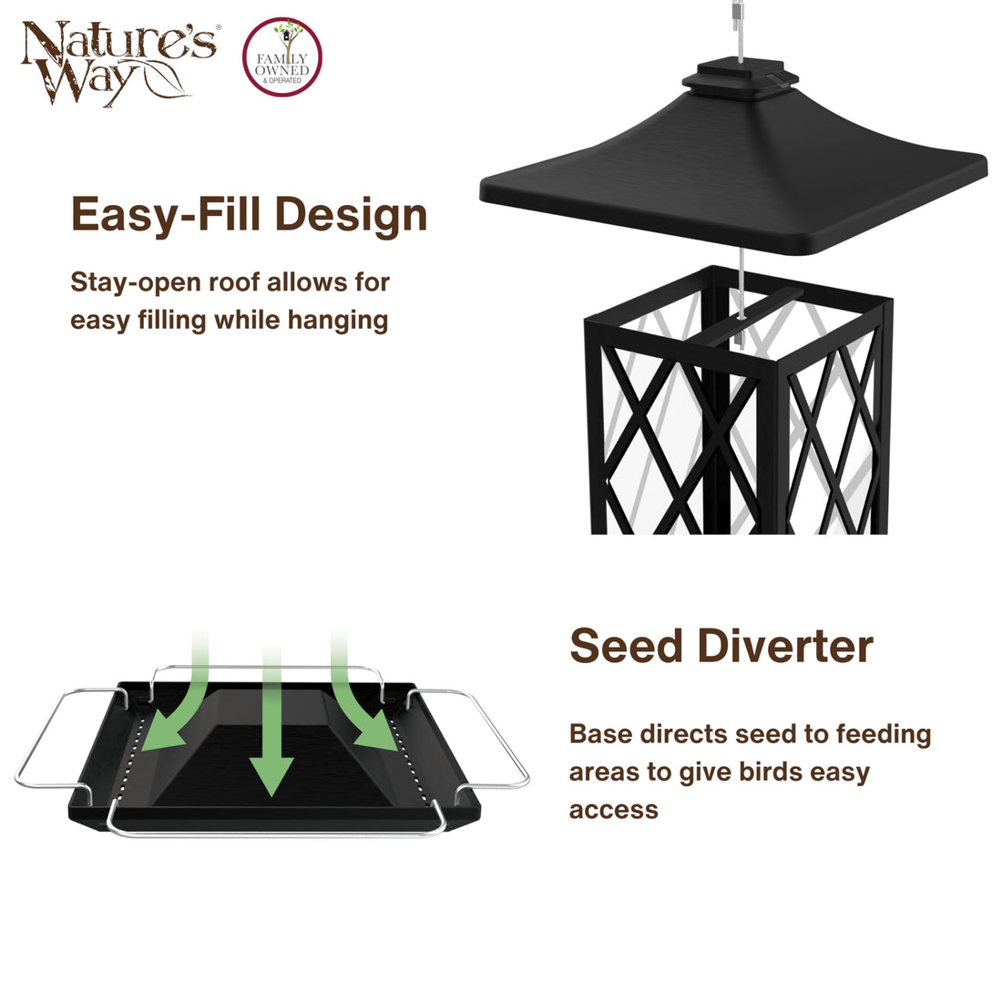 Nature's Way Outdoor Garden Décor Hanging Wild Bird Seed Feeder, Metal Lantern Gazebo Feeder, Easy Fill, Rain Drainage, Black