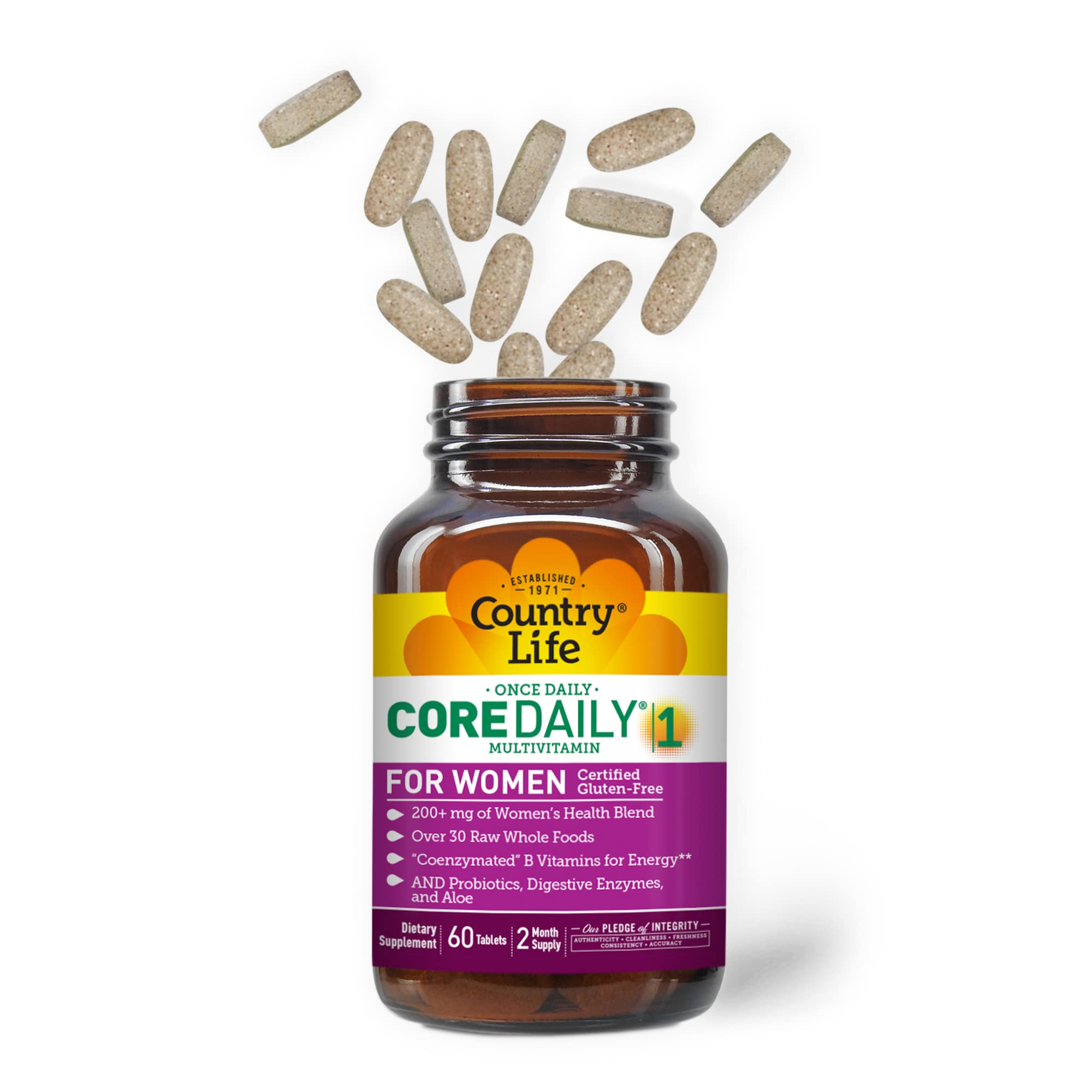 Country Life Women’s Core 1 Daily Multivitamin with Iron, Cranberry, Probiotics, and Digestive Enzymes-Certified Gluten-Free Formula for Energy, Immune Support and Complete Digestive Health,60 Tablets