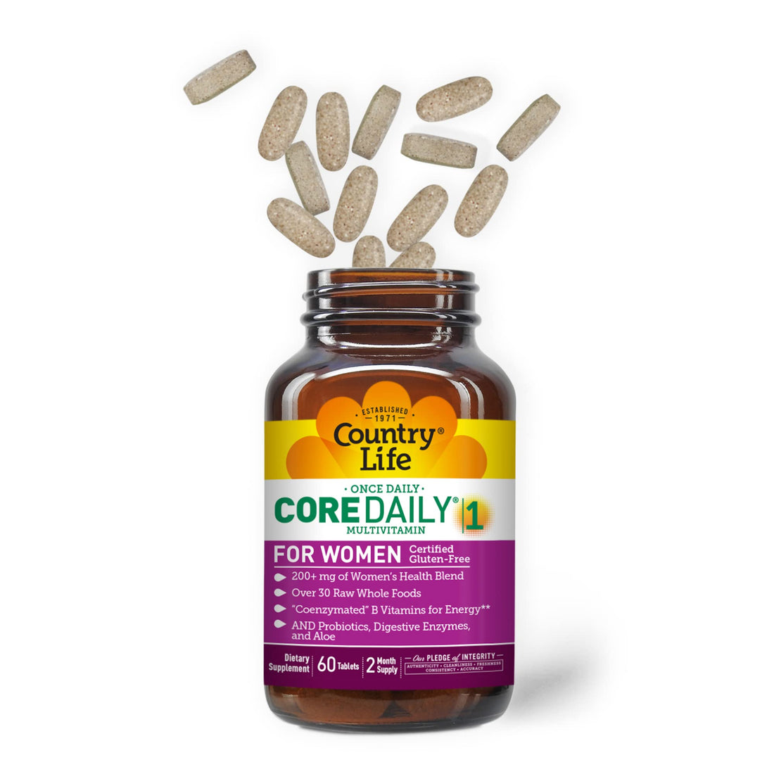 Country Life Women’s Core 1 Daily Multivitamin with Iron, Cranberry, Probiotics, and Digestive Enzymes-Certified Gluten-Free Formula for Energy, Immune Support and Complete Digestive Health,60 Tablets