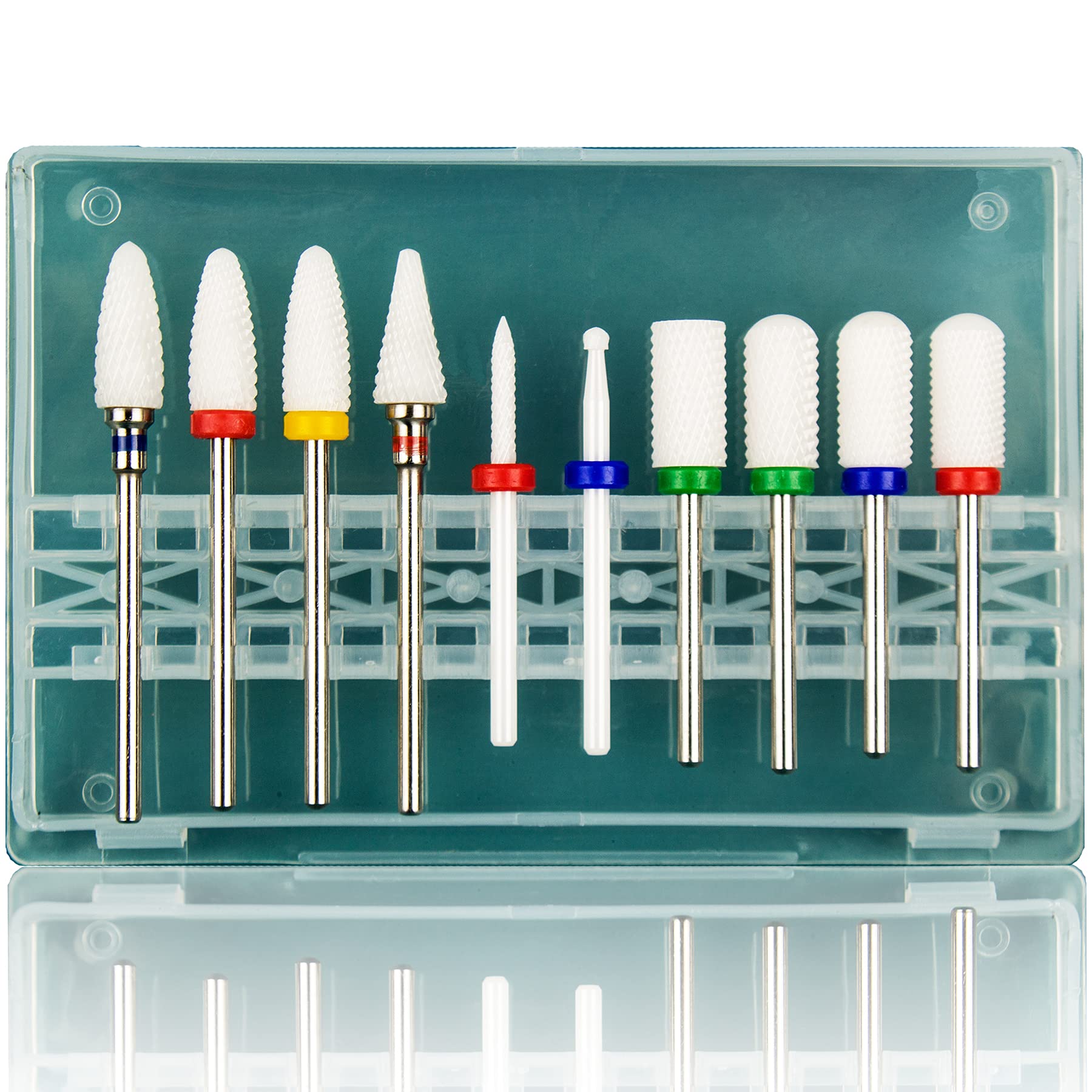 Feecy Nail Drill Bits Set Ceramic for Acrylic Nails Gel Polish Professional, 3/32 Inch Efile Nail Drill Bits Kit for Cuticle Safety Barrel Nail Art Tools with Holder, 7pcs (S10-C)