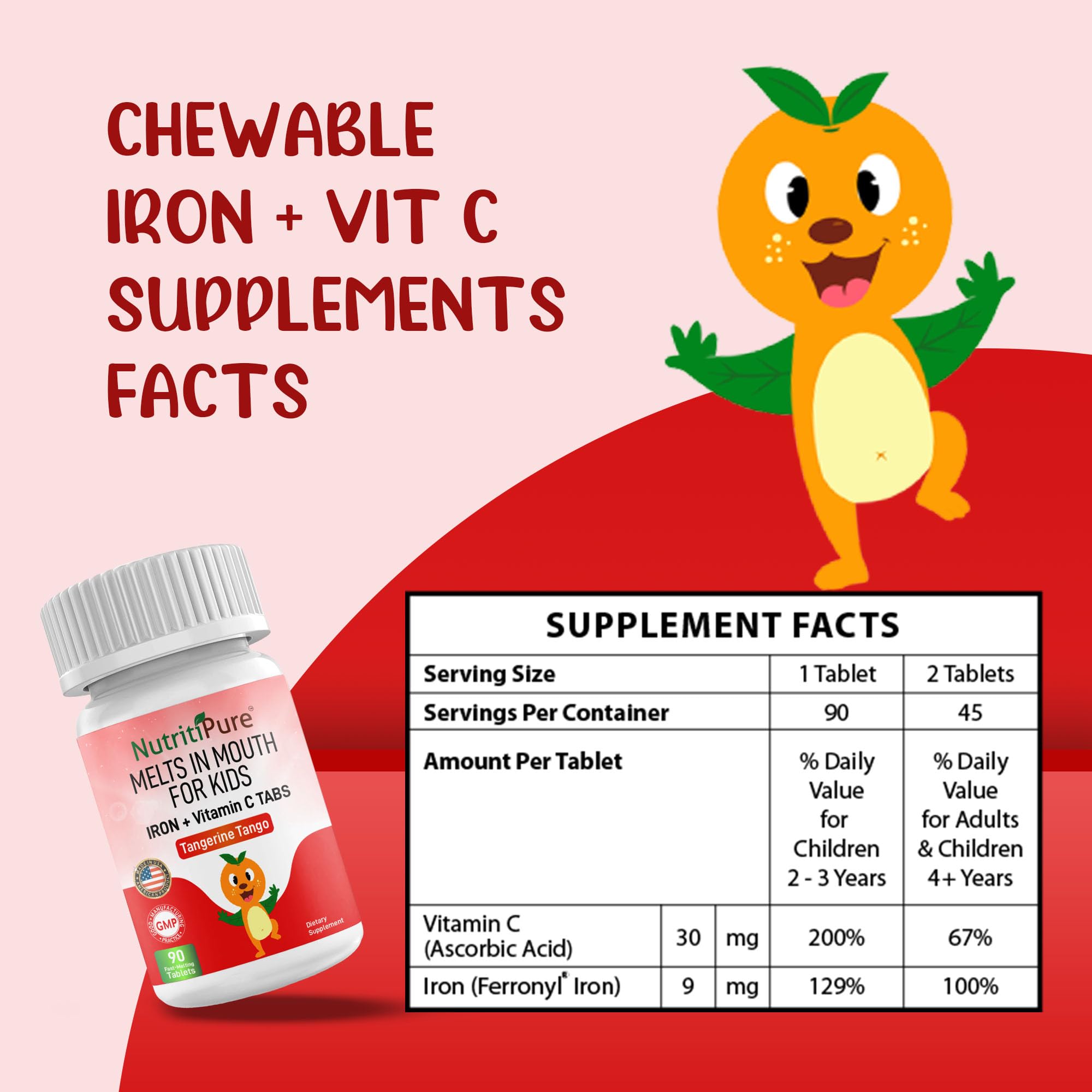 NutritiPure Chewable Iron Supplements for Kids (Ferronyl®/Carbonyl Iron 9 mg with Vitamin C 30 mg) Tablet in Tangerine Tango Orange Flavor Kids Iron Supplement 90 Count
