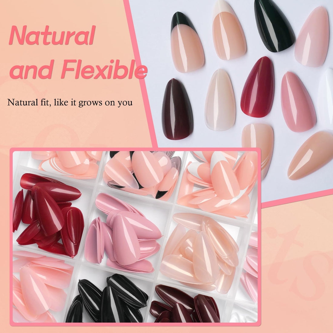 Lifextol 288pc Almond Press on Nails Medium Acrylic Nails Press on Nails French Tip Short Fake Nails with Glue and Adhesive Tabs, Glue on Nails Pack False Stick on Nails Artificial Fingernails