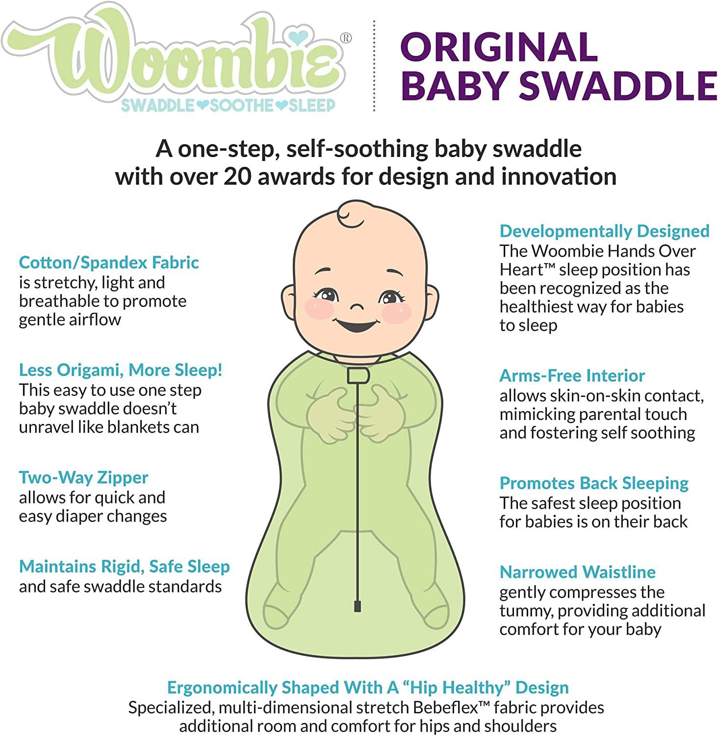 Woombie Original Baby Swaddling Blanket - Soothing, Cotton Baby Swaddle with Zipper - Wearable Sleep Blanket, Freebird, 14-19 lbs