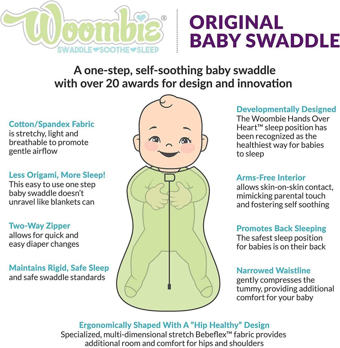 Woombie Original Baby Swaddling Blanket - Soothing, Cotton Baby Swaddle with Zipper - Wearable Sleep Blanket, Freebird, 14-19 lbs