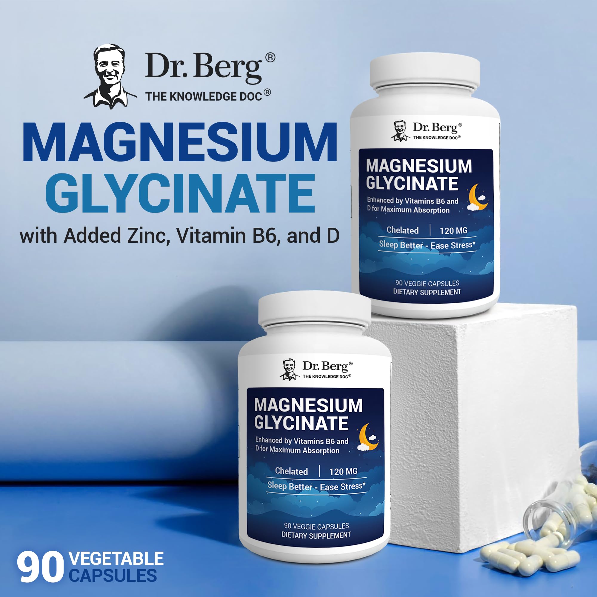Dr. Berg Magnesium Glycinate with Vitamin D, B6 & Zinc for Stress Relief, Calm, Relaxation, & Good Sleep* - 120 mg Per Magnesium Bisglycinate Capsule - Chelated Magnesium Glycinate - 90 Caps