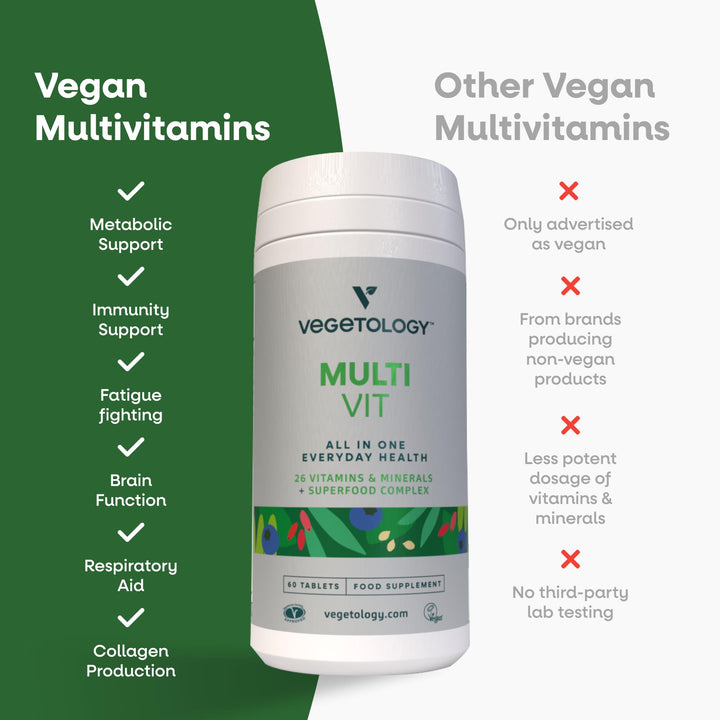 VEGETOLOGY MultiVit Vegan Multivitamin Supplement, 26 Vitamin & Minerals – Vitamin Supplements for Metabolic, Brain Function & Immune Support – Multivitamin for Women, Men & Children